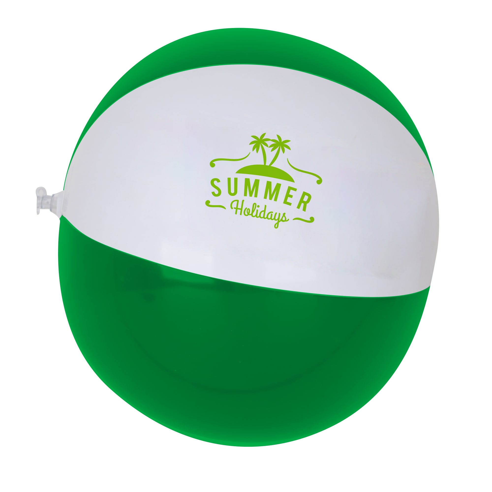 An inflatable beach ball featuring green and white panels, with a logo on the white section.