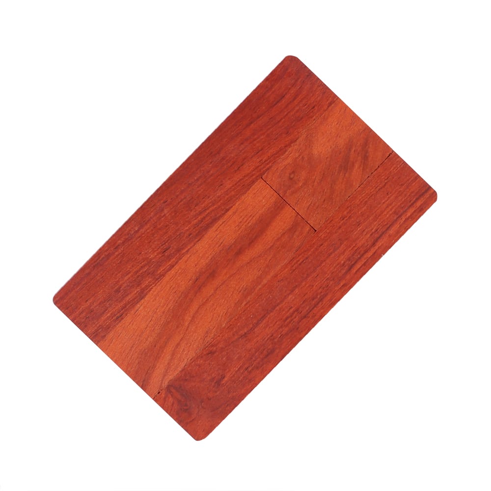 A wooden credit card flash drive in a rich brown hue, with a sleek rectangular shape and a subtle logo.