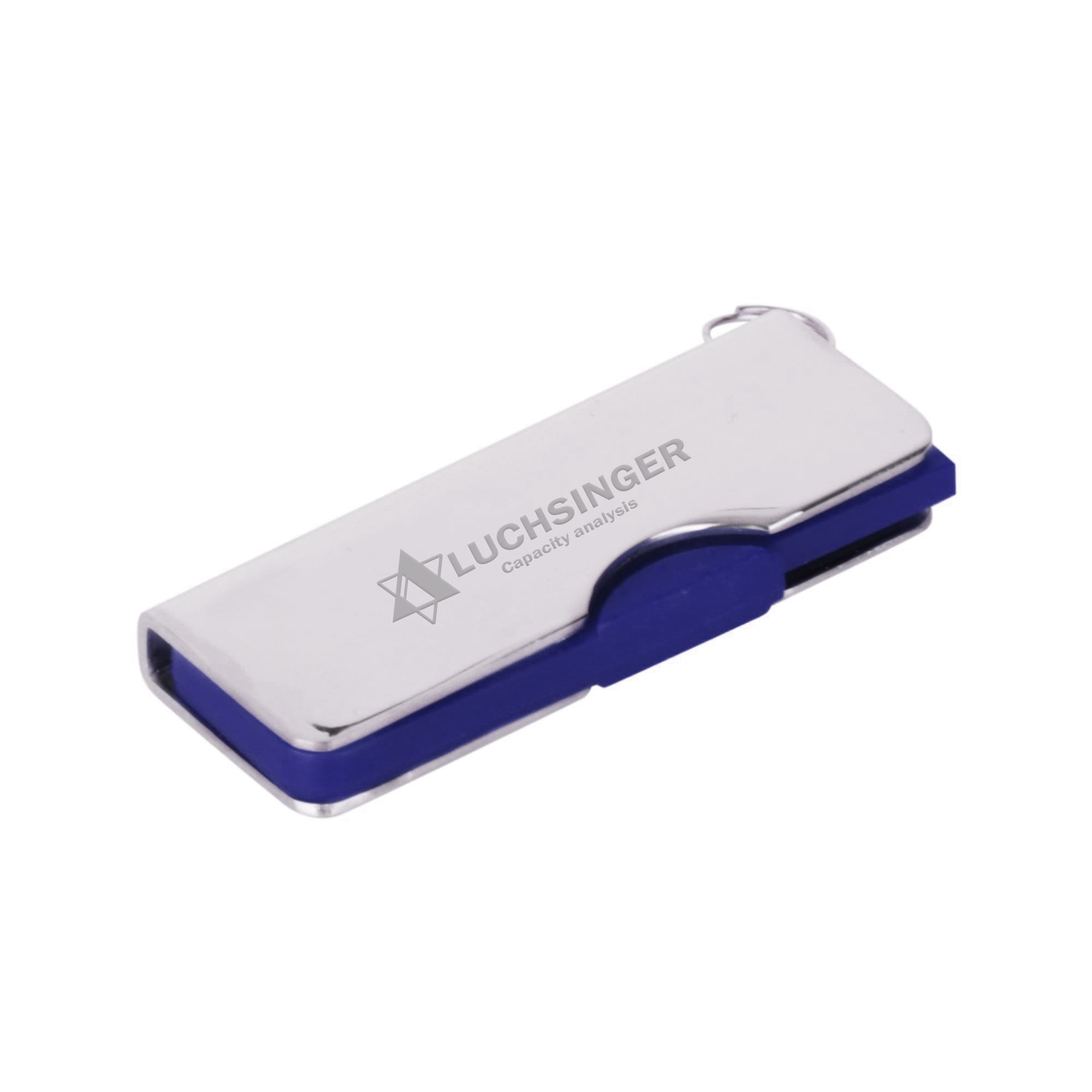 A silver and blue swivel flash drive with a logo, designed for storing and transferring data.