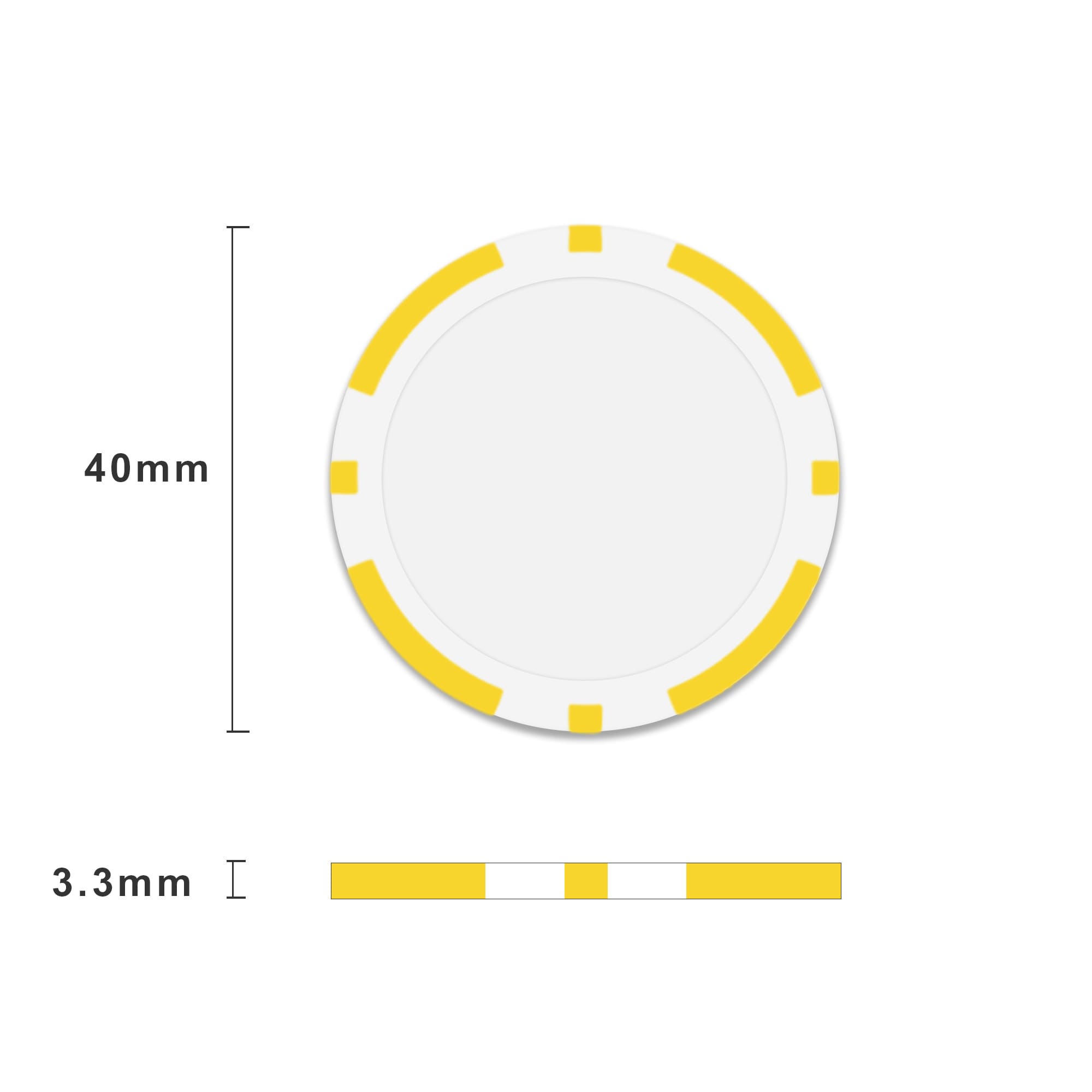 A round poker chip with a diameter of 40mm, featuring a white centre and yellow accents.
