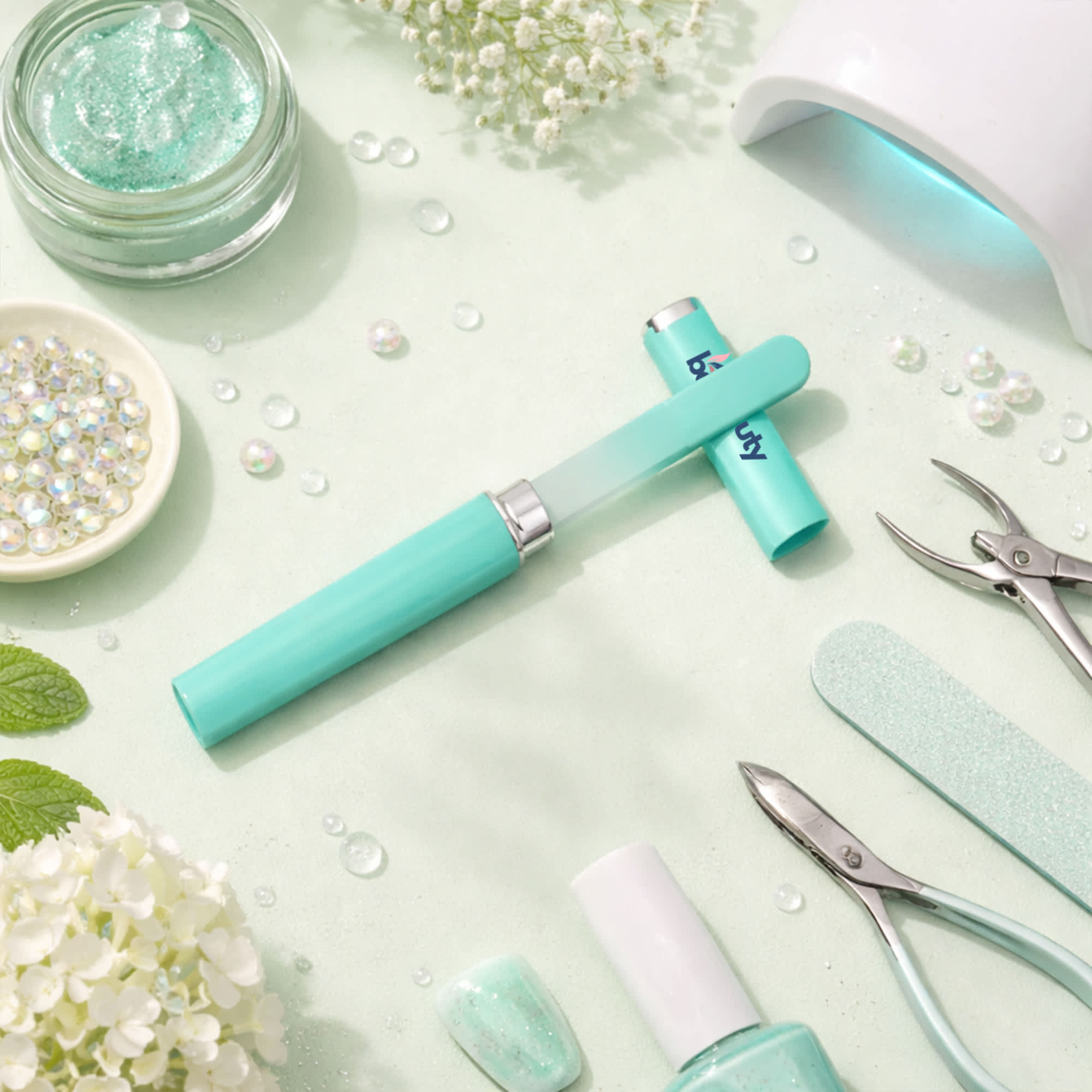 A gradient glass nail file in turquoise, surrounded by nail care tools, glitter, and decorative elements on a pale green background.