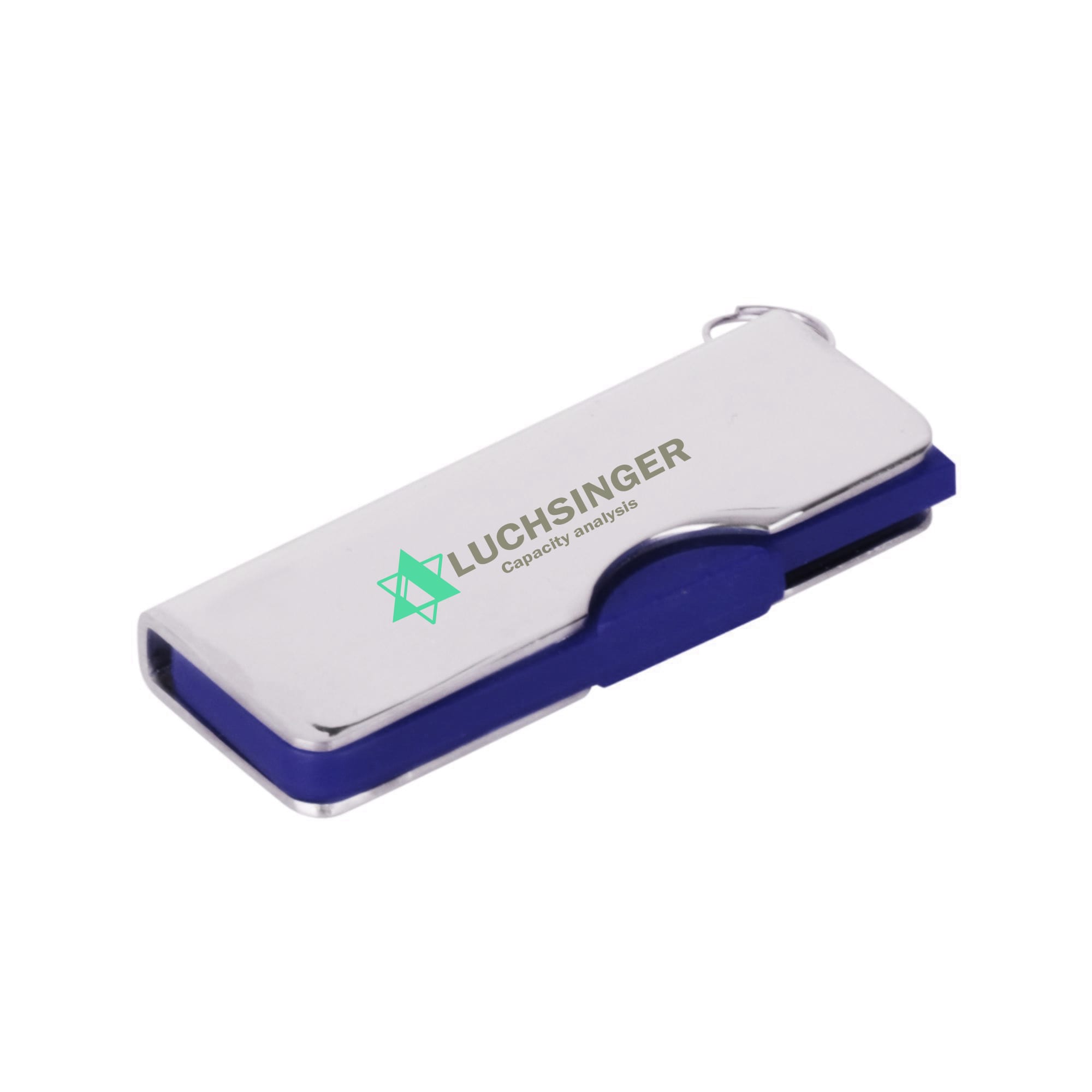 A silver and blue swivel flash drive featuring a logo, designed for data storage.