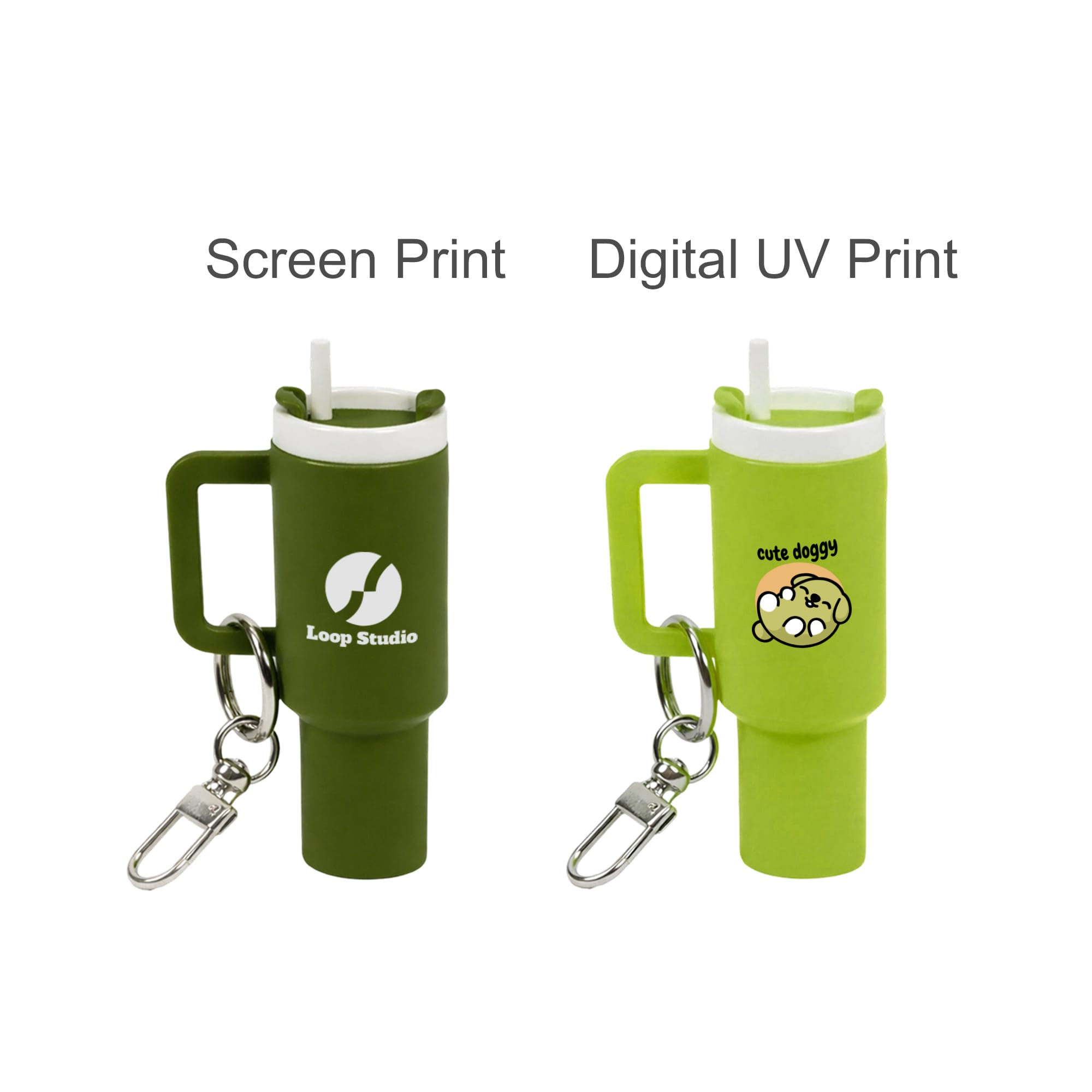 A miniature tumbler keyring in green with a white lid, featuring different print designs and a keychain attachment.