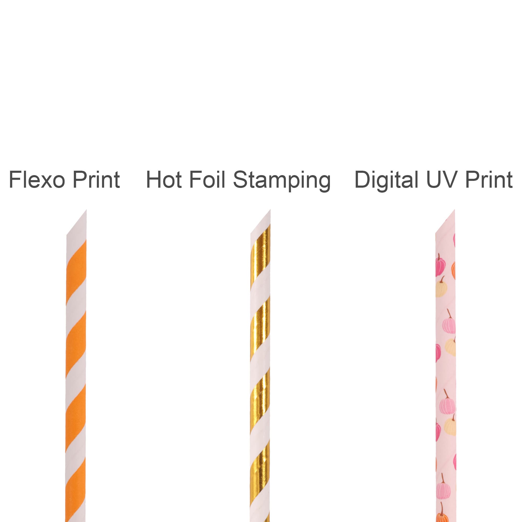 A selection of four custom disposable 4-ply paper straws in orange and white, gold, and a pink floral design.