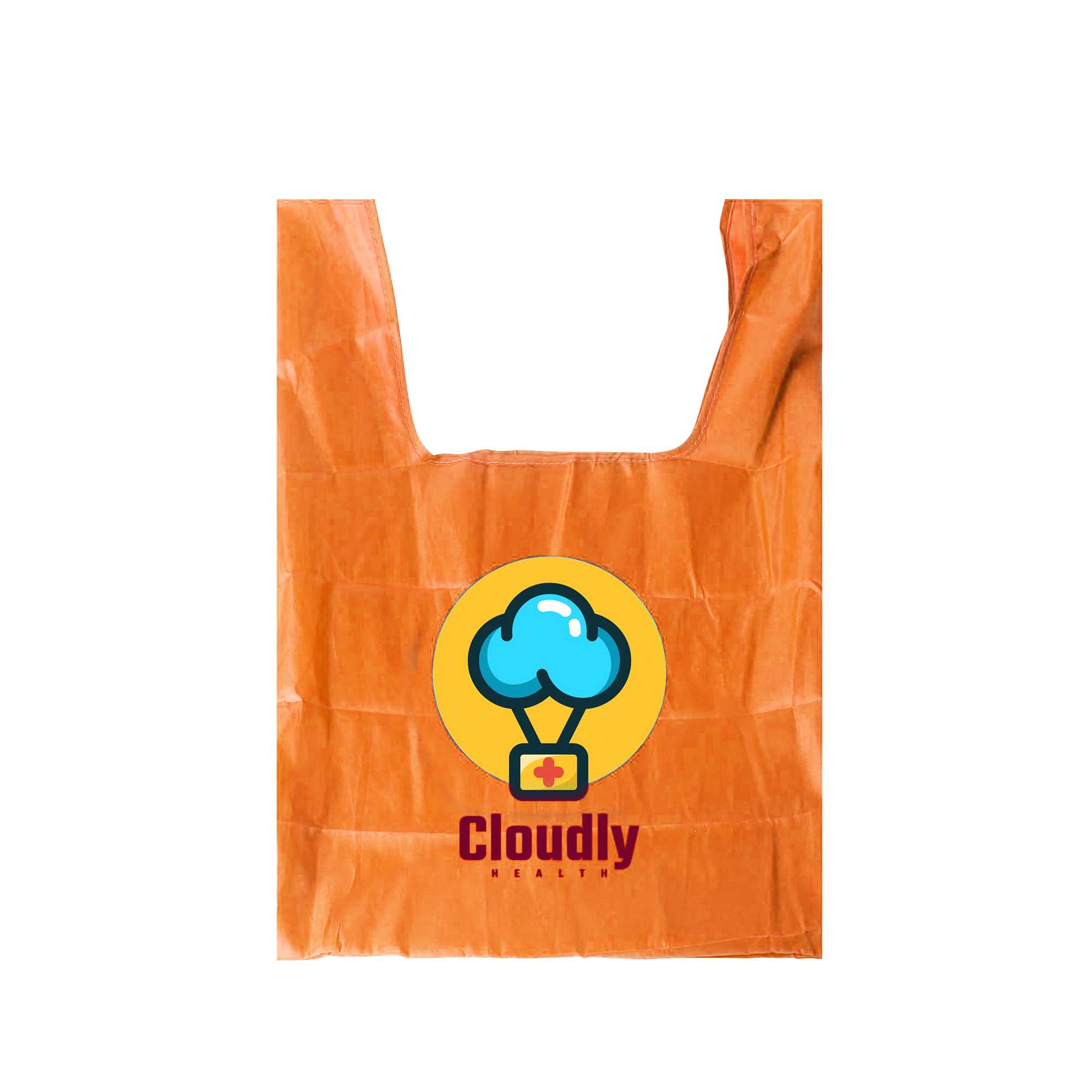 An orange reusable foldaway shopping bag featuring a logo and graphic design.