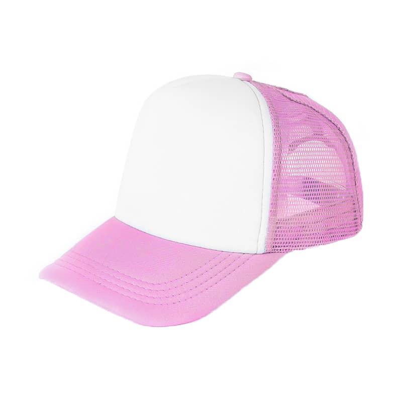 A pink and white trucker cap with a mesh back and a solid front panel. It features a logo on the front.