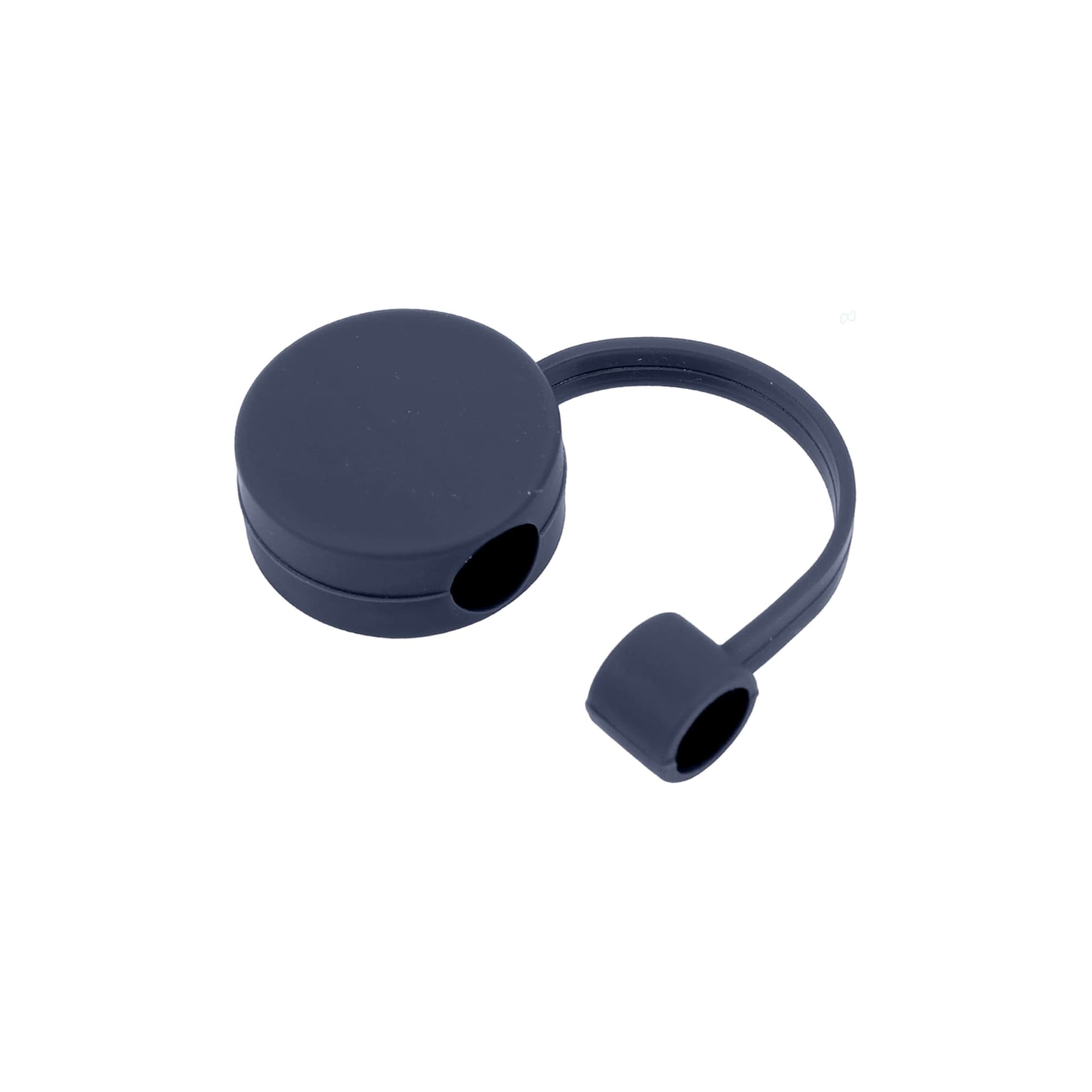A round silicone straw cover in dark blue, featuring a connecting handle and a small opening for the straw.