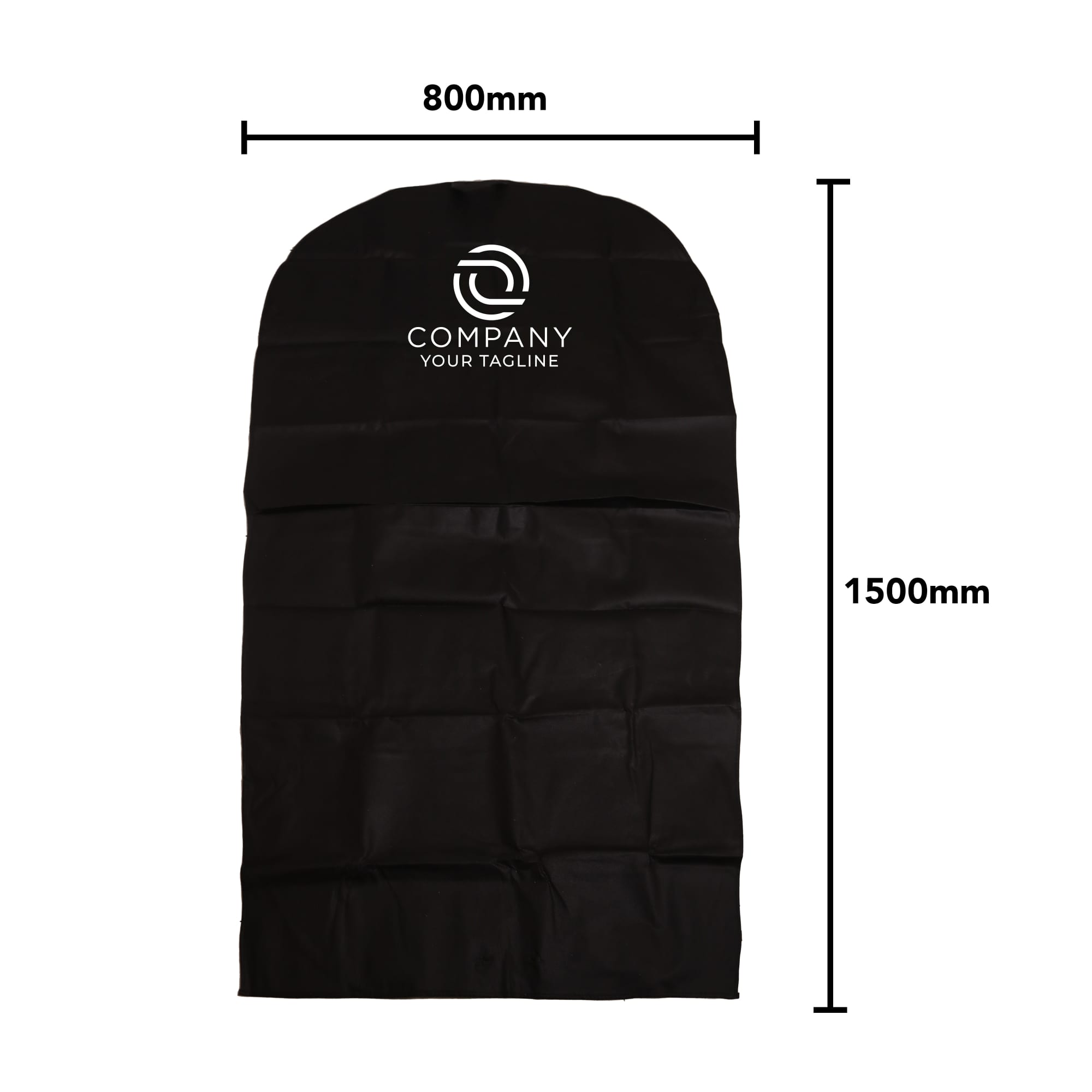 Non-woven car seat cover in black, featuring a logo, measuring 800mm by 1500mm.