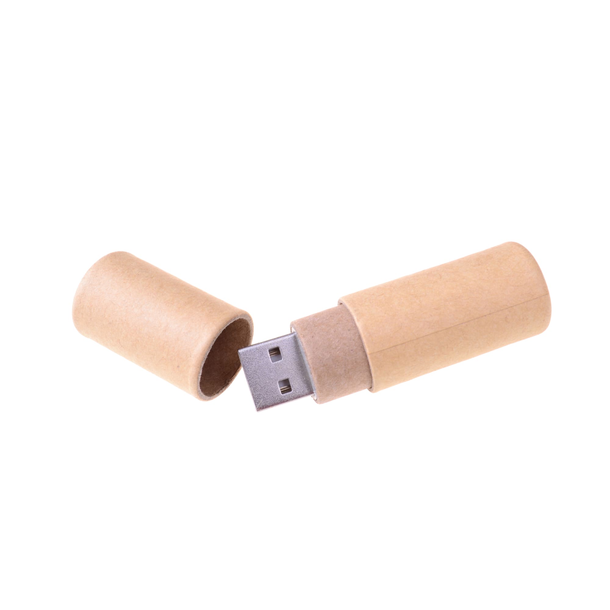 An eco-friendly flash drive in a brown cardboard sleeve, featuring a metal connector.