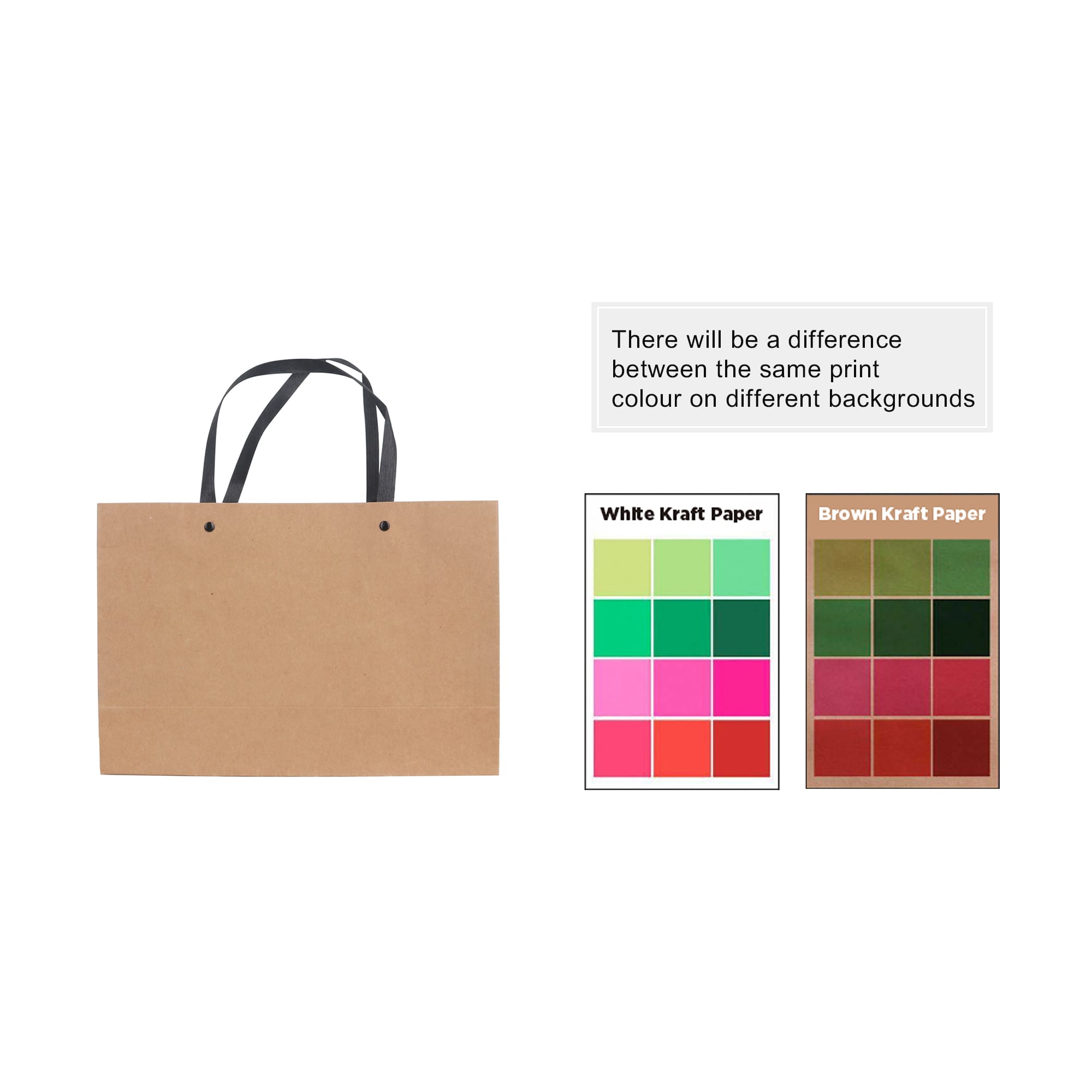 A brown paper bag with a black knitted handle, displayed alongside colour swatches on white and brown backgrounds.