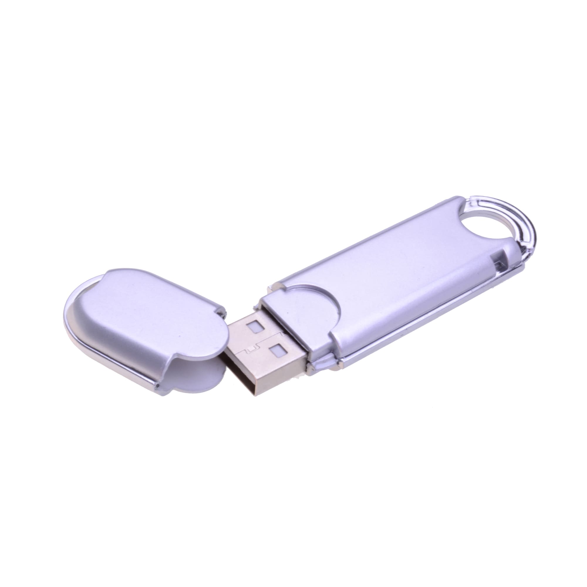 A silver O-ring flash drive with a protective cap and a keyring attachment. It features a logo on the surface.
