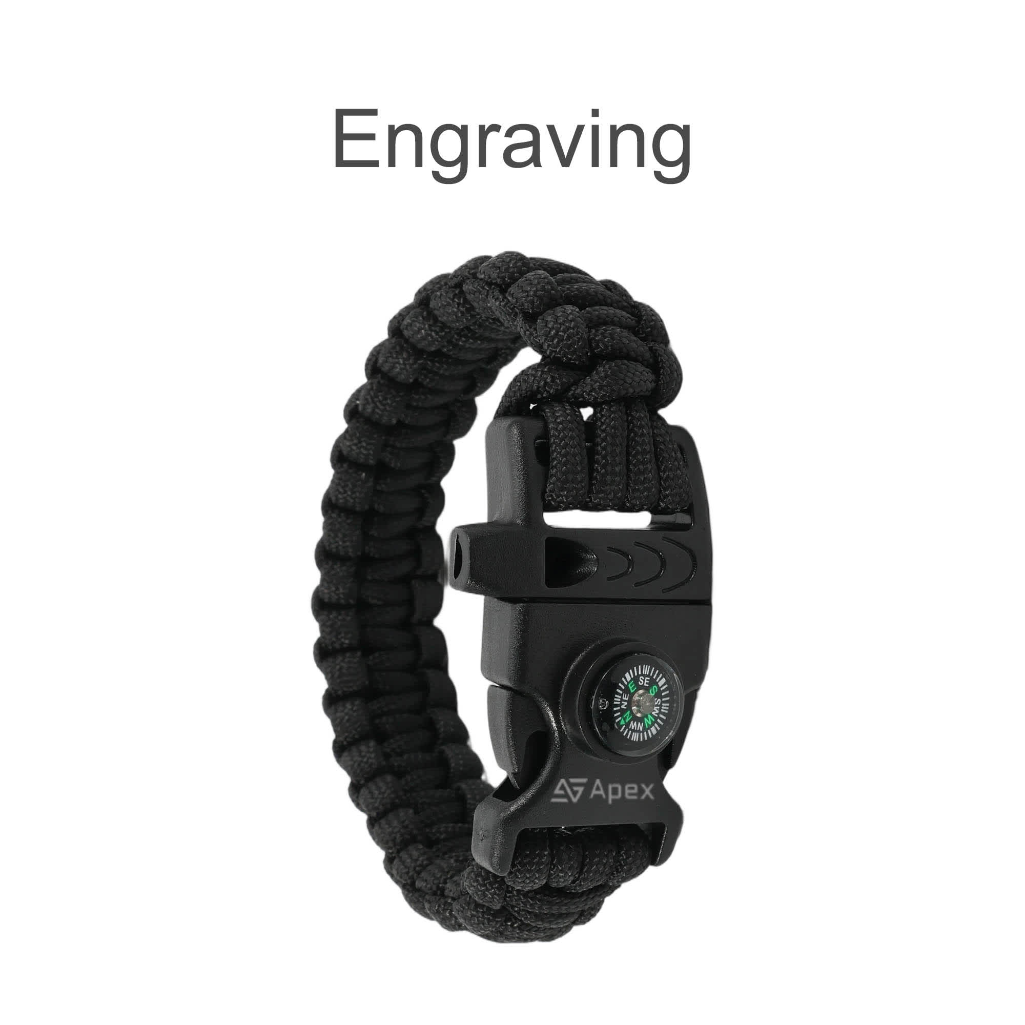 A black 3-in-1 emergency survival bracelet featuring a whistle and compass, with a sturdy woven design.