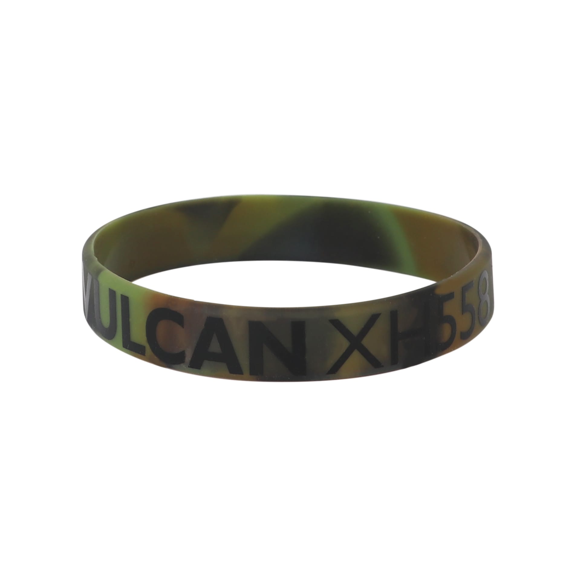 A marble-coloured silicon wristband in green and black, featuring a logo and alphanumeric design.