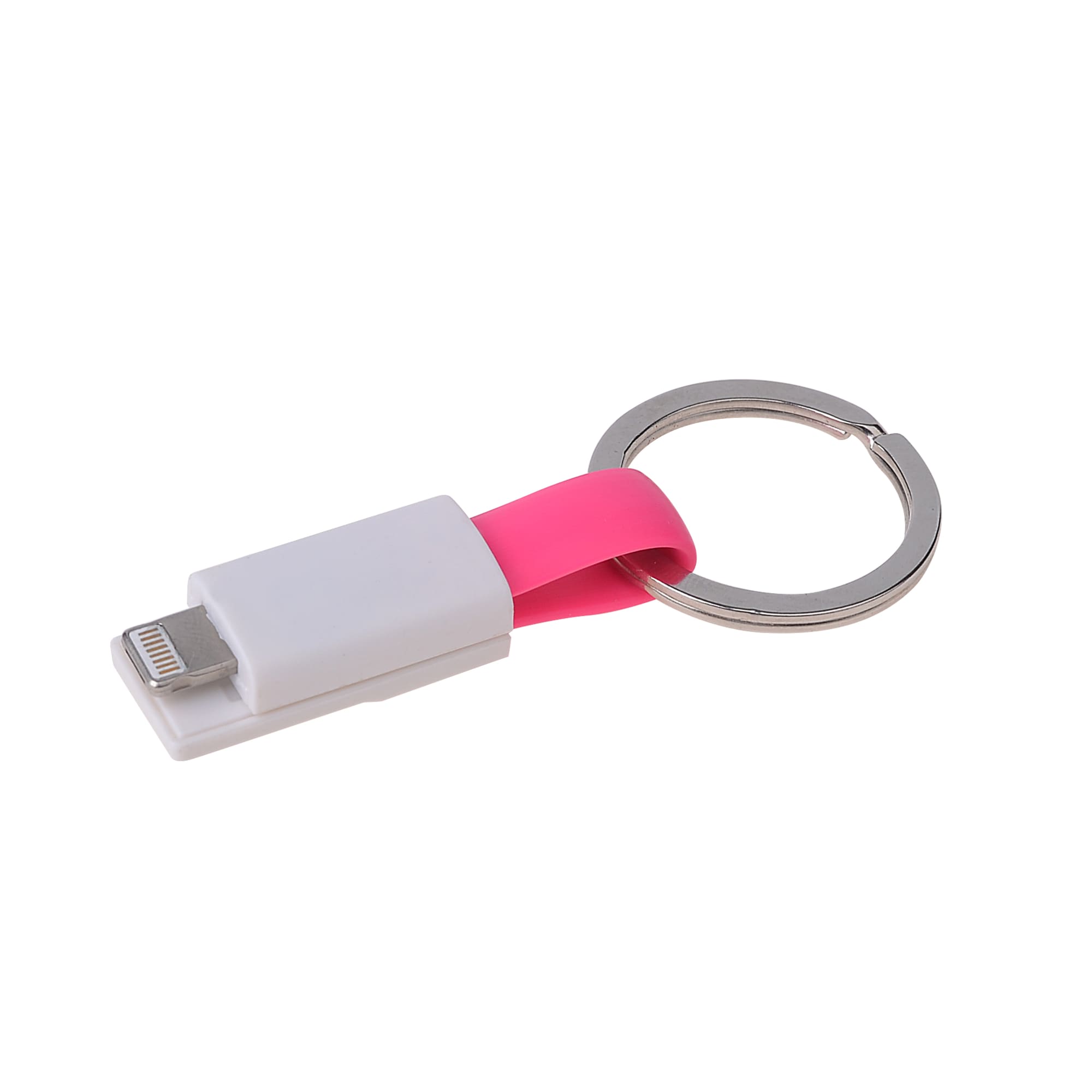 A magnetic charging cable in white and pink, attached to a metal keyring. The item includes a connector at one end.