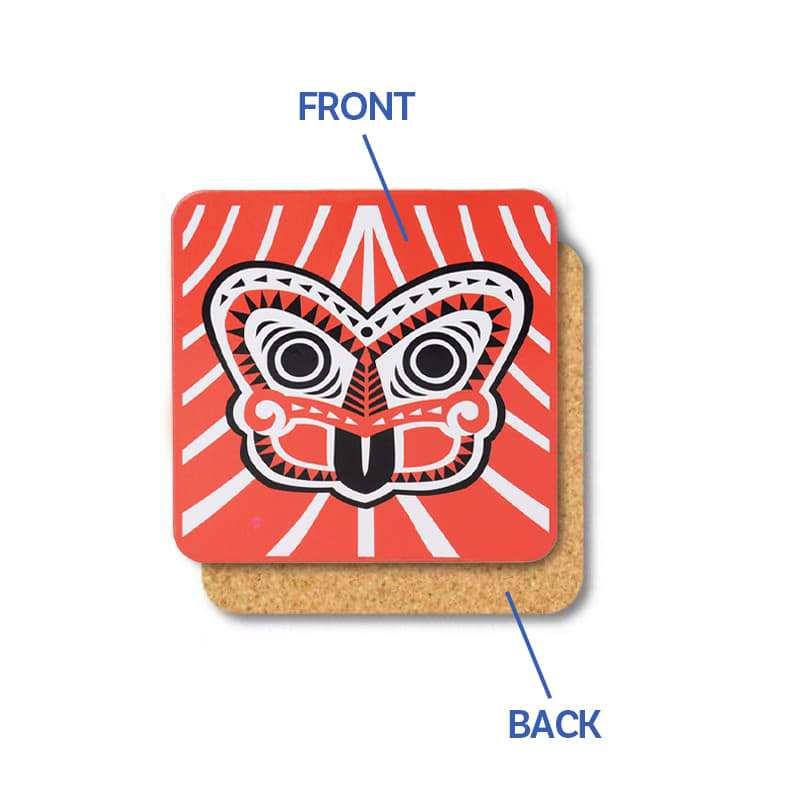 A cork coaster featuring a bold, red design with a black mask graphic, showing both front and back views.