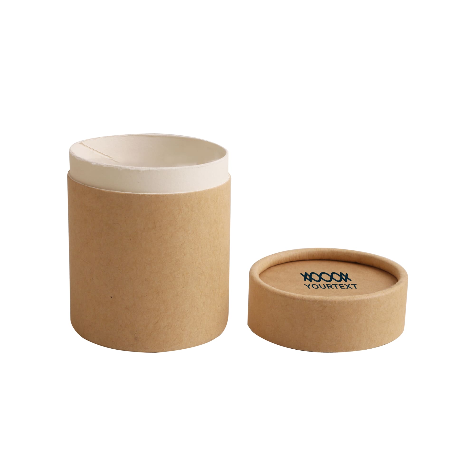 A medium brown paper cylinder box with a removable lid, featuring a light interior and a logo on the base.
