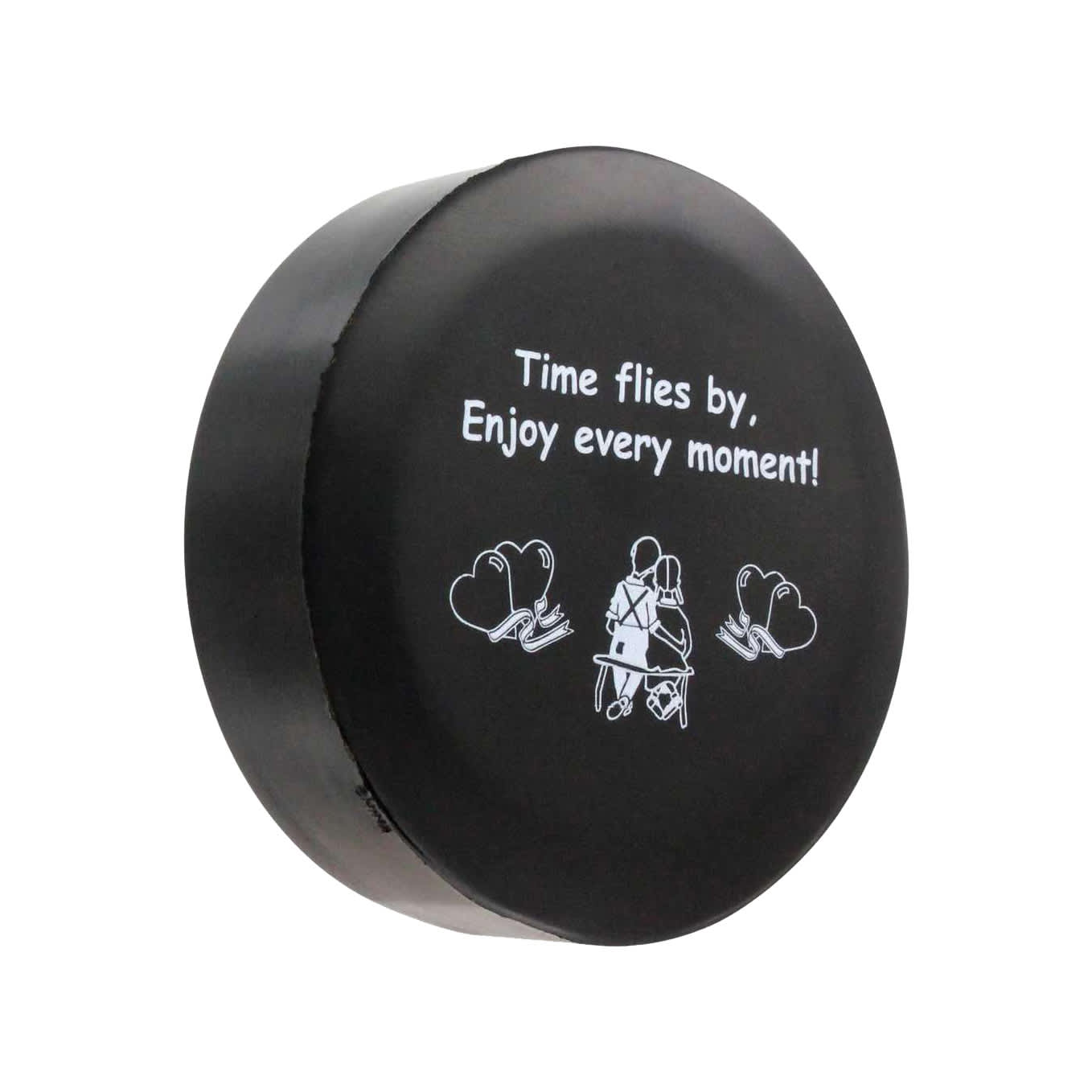 A black stress reliever in the shape of a clock, featuring white graphics and a logo.