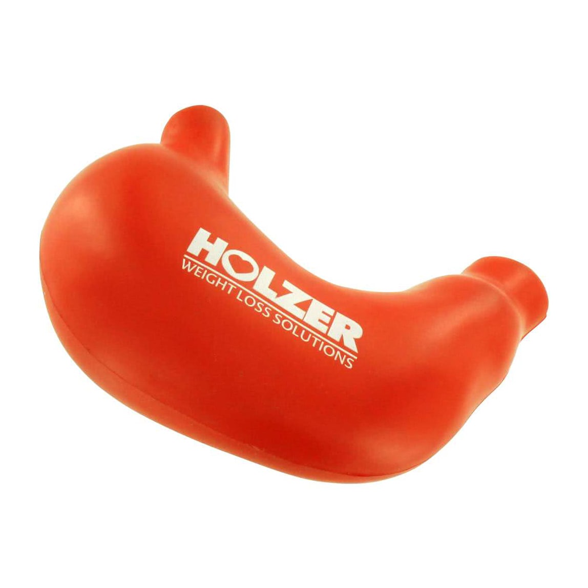 A red stomach-shaped stress reliever with a logo on it.