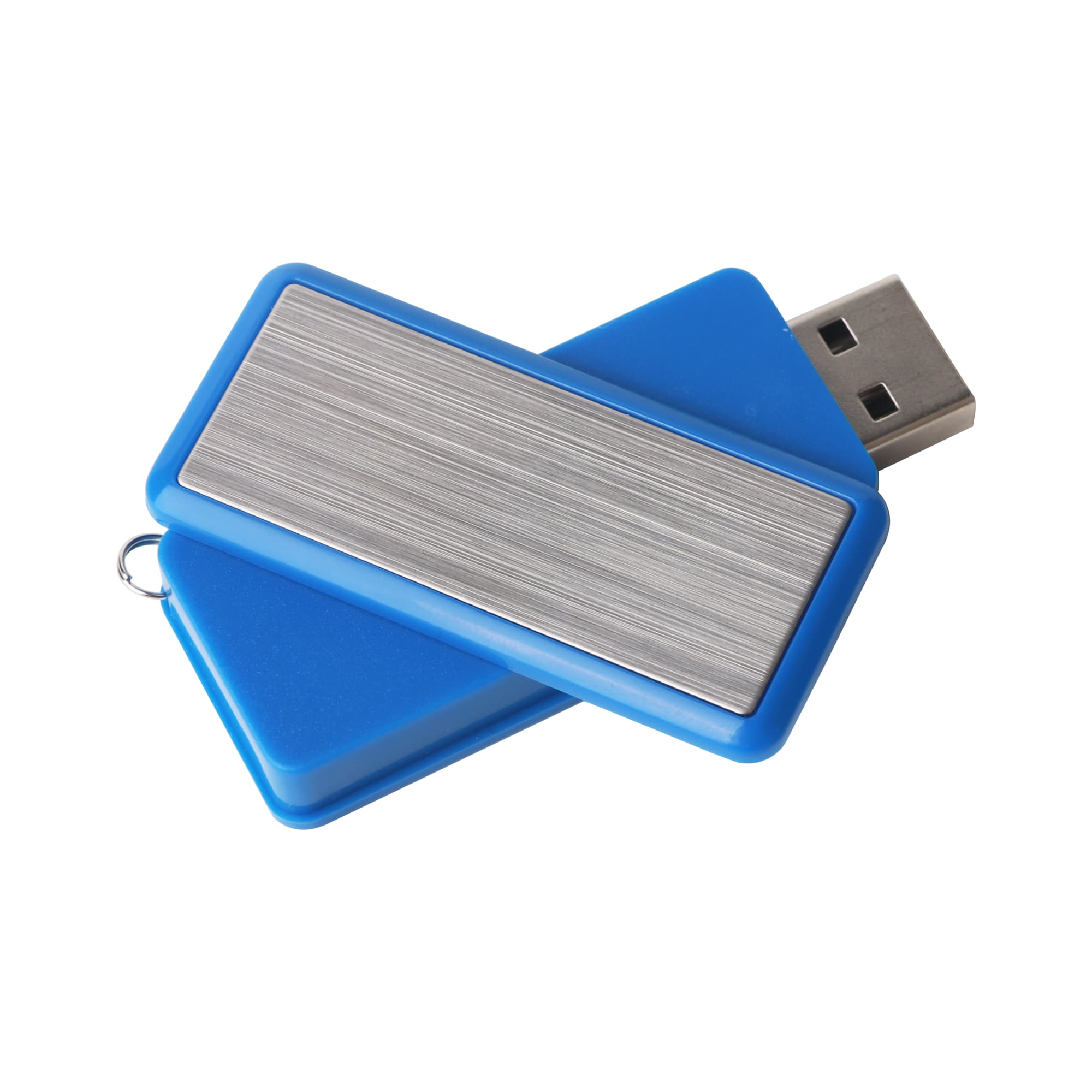A blue 360 degree rotating flash drive with a metallic silver panel and a keyring attachment.