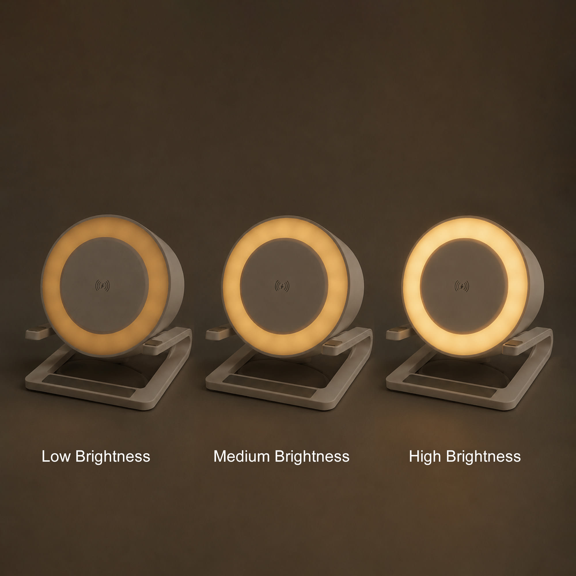 A night light speaker with a wireless charger displayed at low, medium, and high brightness settings, in white.