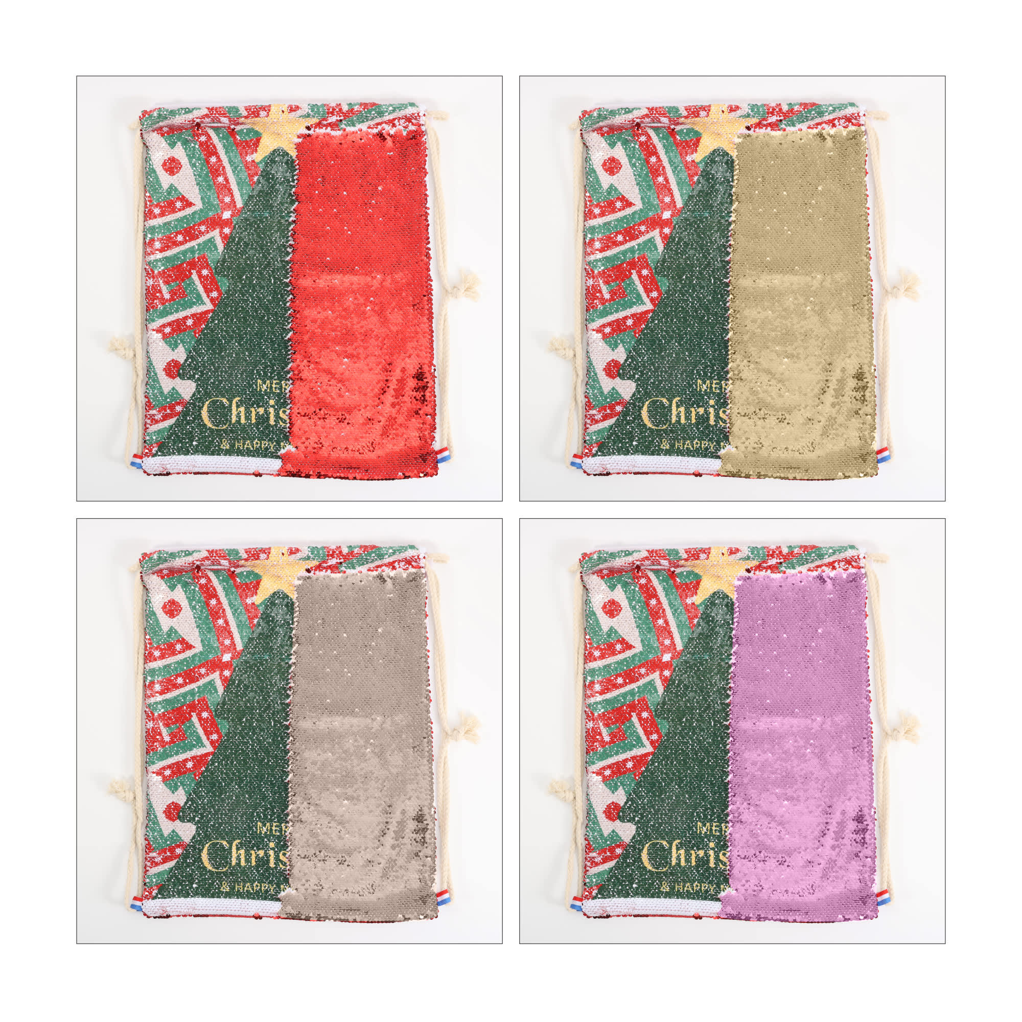A sequin drawstring bag in four colour variations: red, gold, silver, and purple, featuring a festive Christmas design.