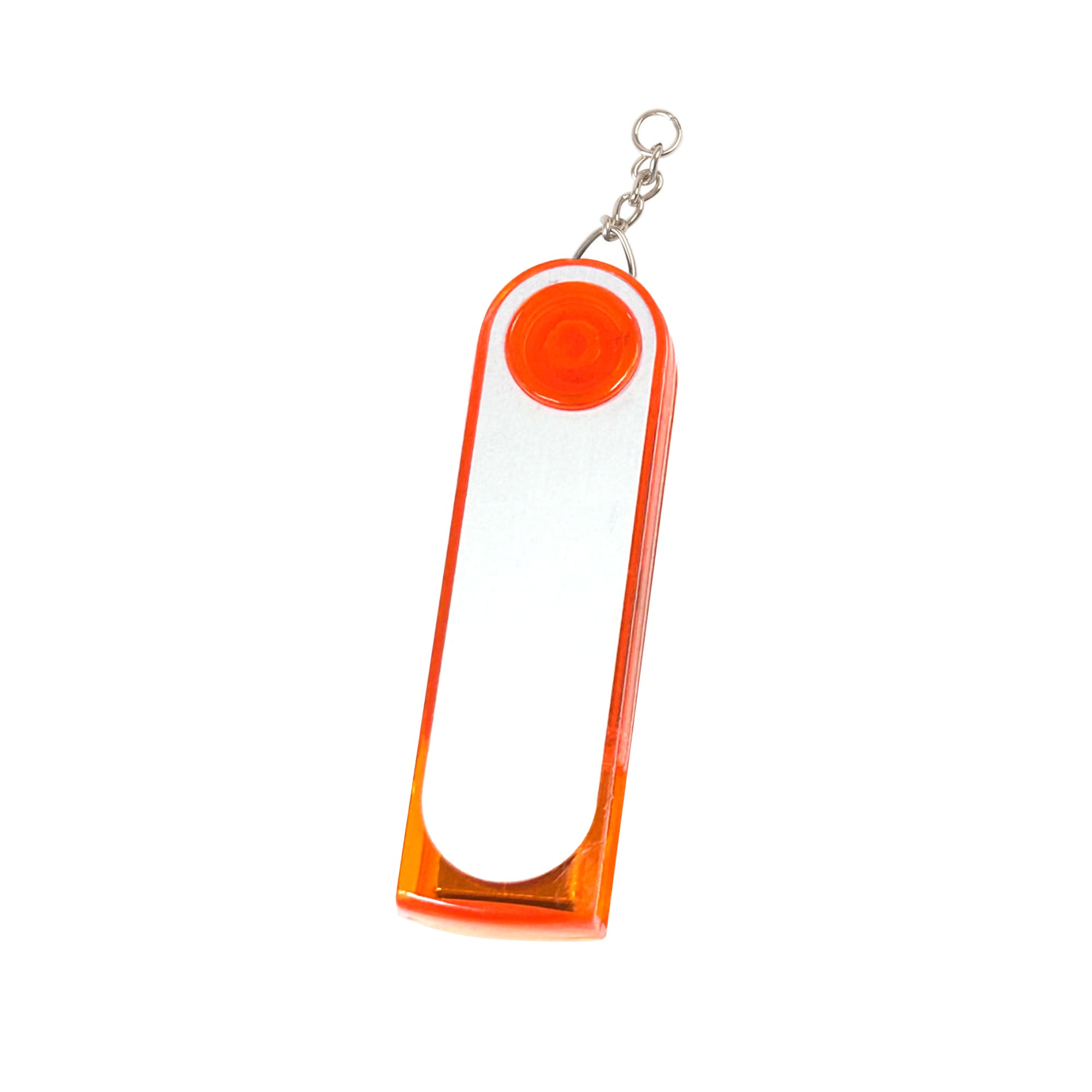 An orange and silver flash drive with a keychain attachment. It features a smooth surface and rounded edges.
