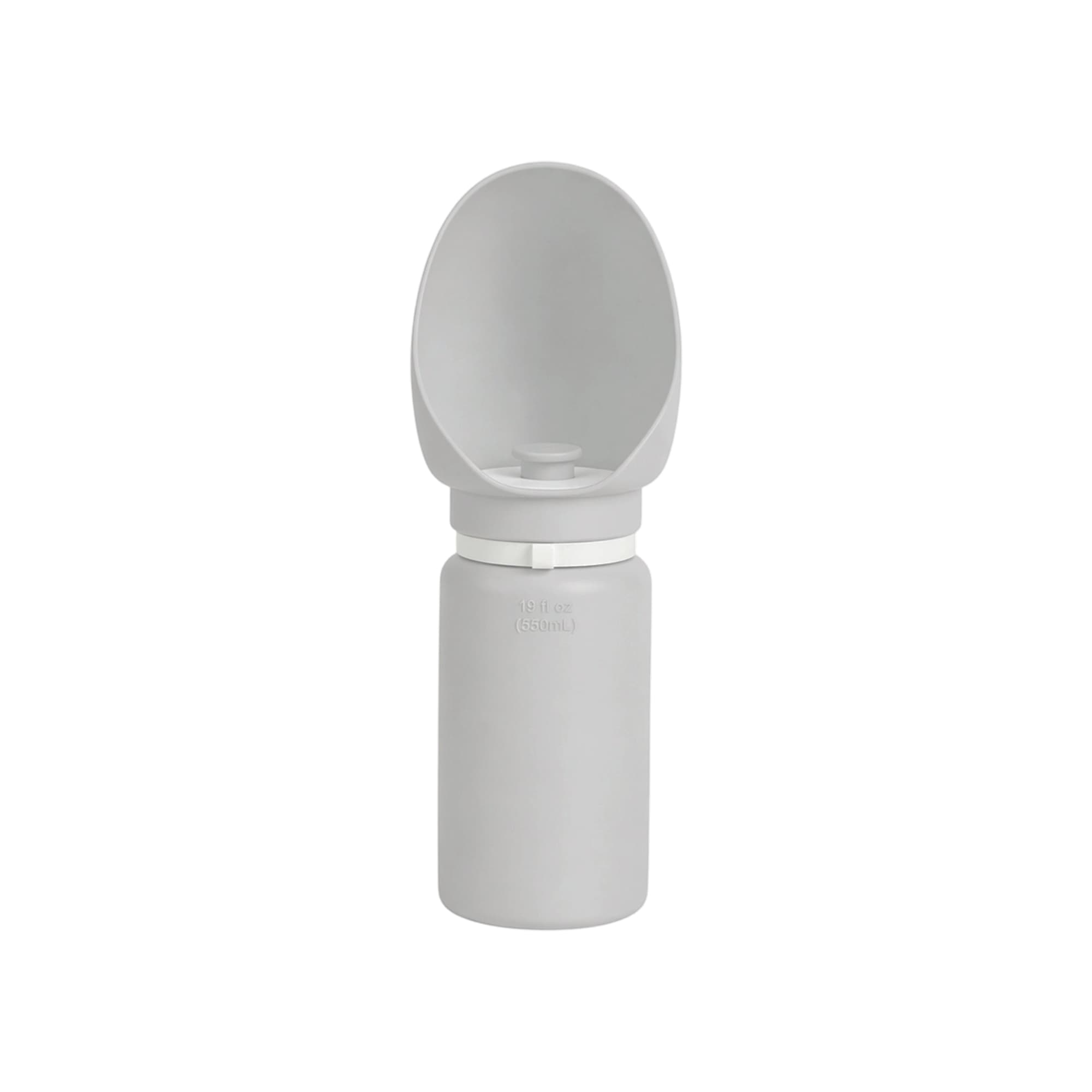 A drink bottle in grey features a collapsible leaf-shaped bowl at the top and a logo on the side.