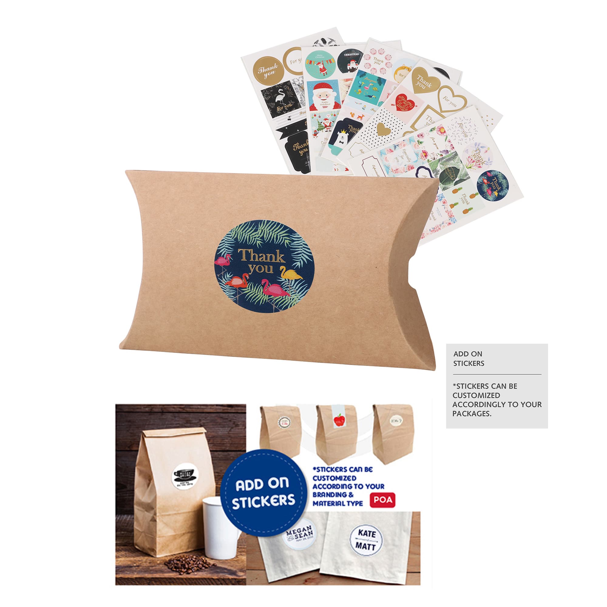 A small brown kraft pillow box featuring a round logo and assorted stickers placed behind it.