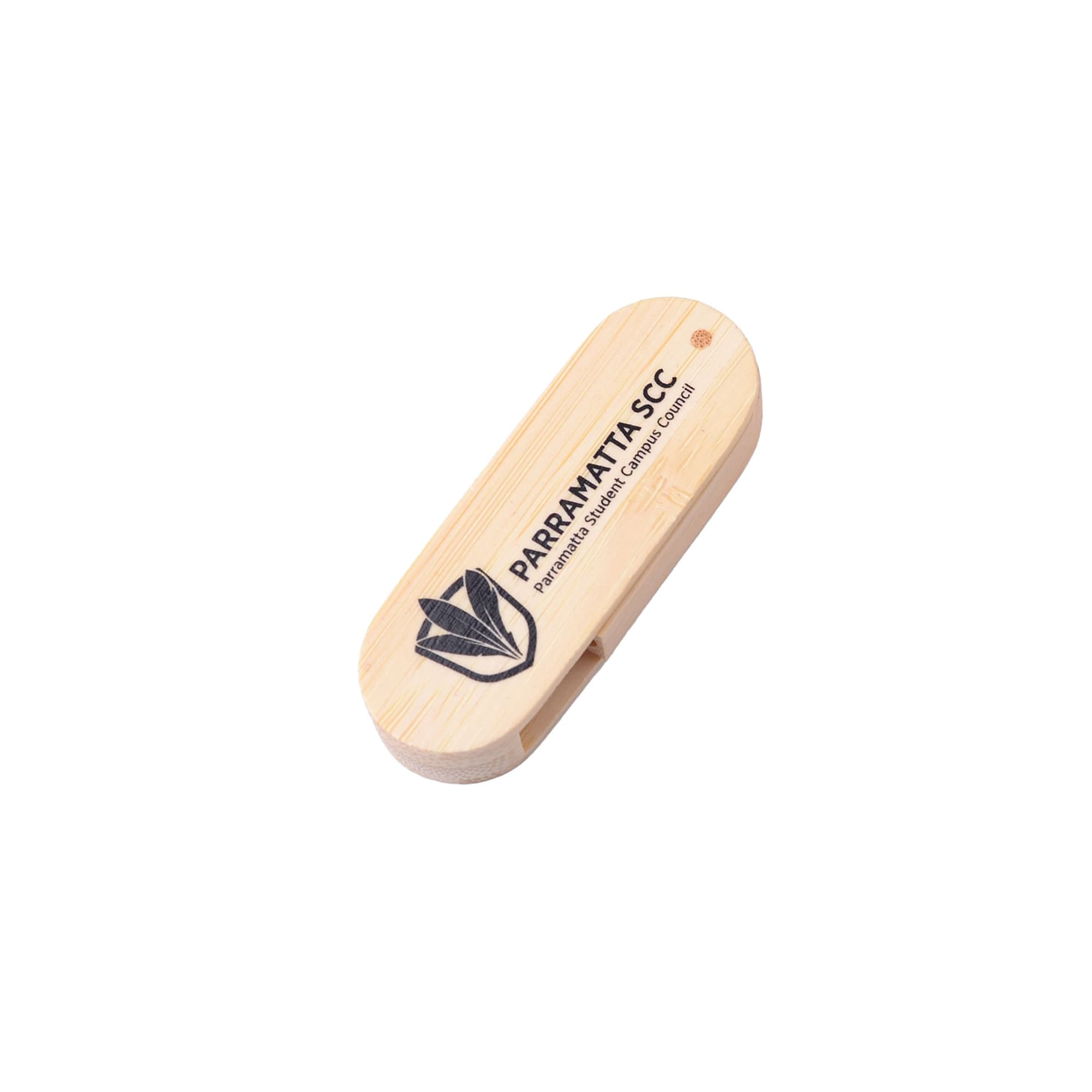 A wooden swivel flash drive in a natural finish, featuring a logo on one side.