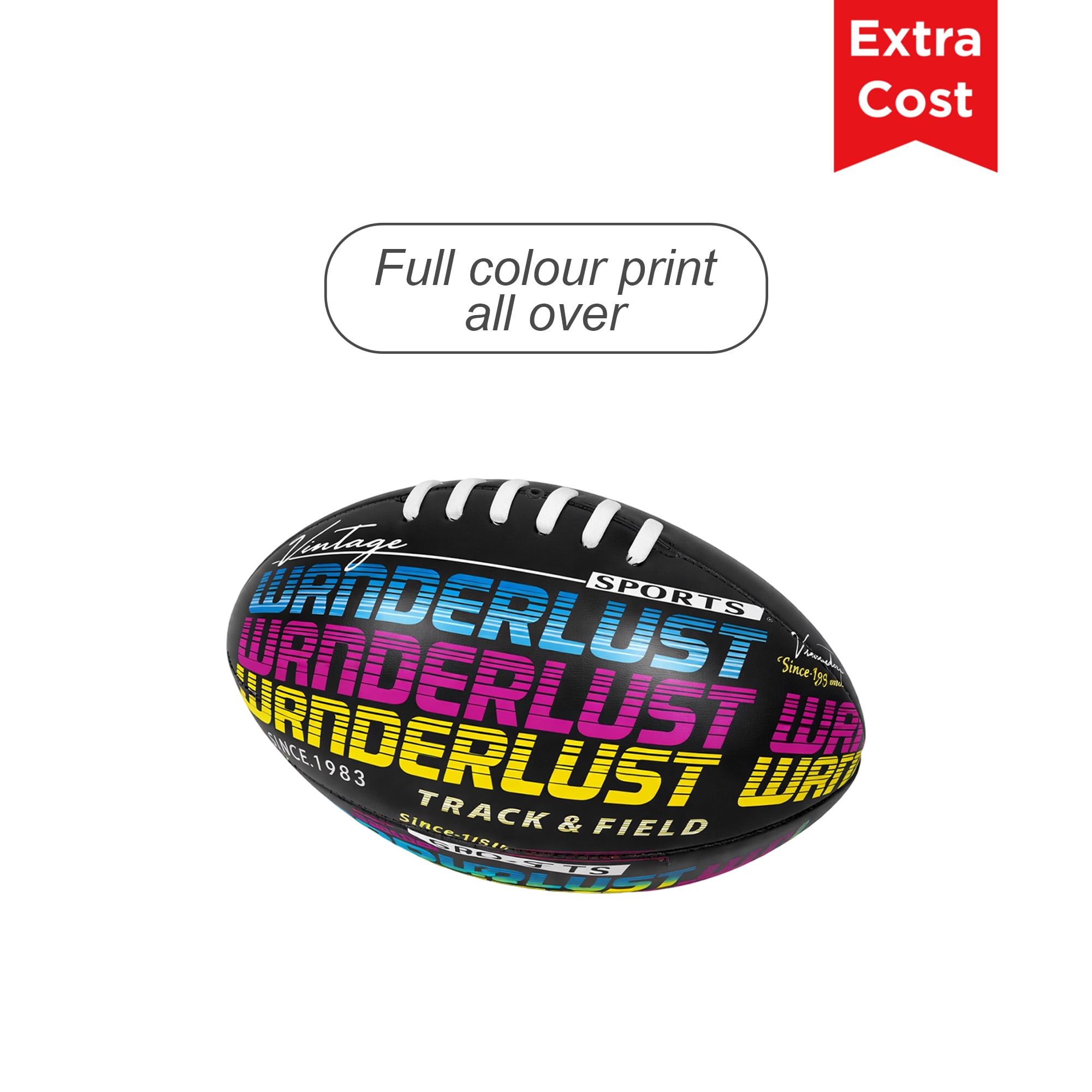 A mini promotional Aussie Rules ball in black with vibrant, full-colour print featuring various text and a logo.