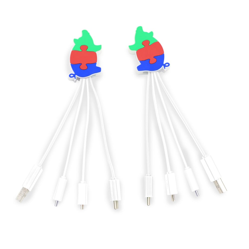 Two PVC custom charging cables with puzzle piece designs in green, blue, and red, featuring multiple connectors on white cables.