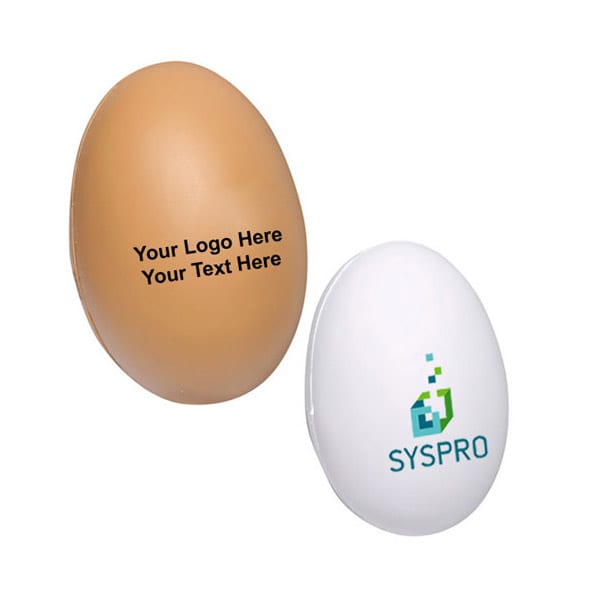A brown and a white egg-shaped stress reliever with branding. One has a smooth finish, the other a logo.