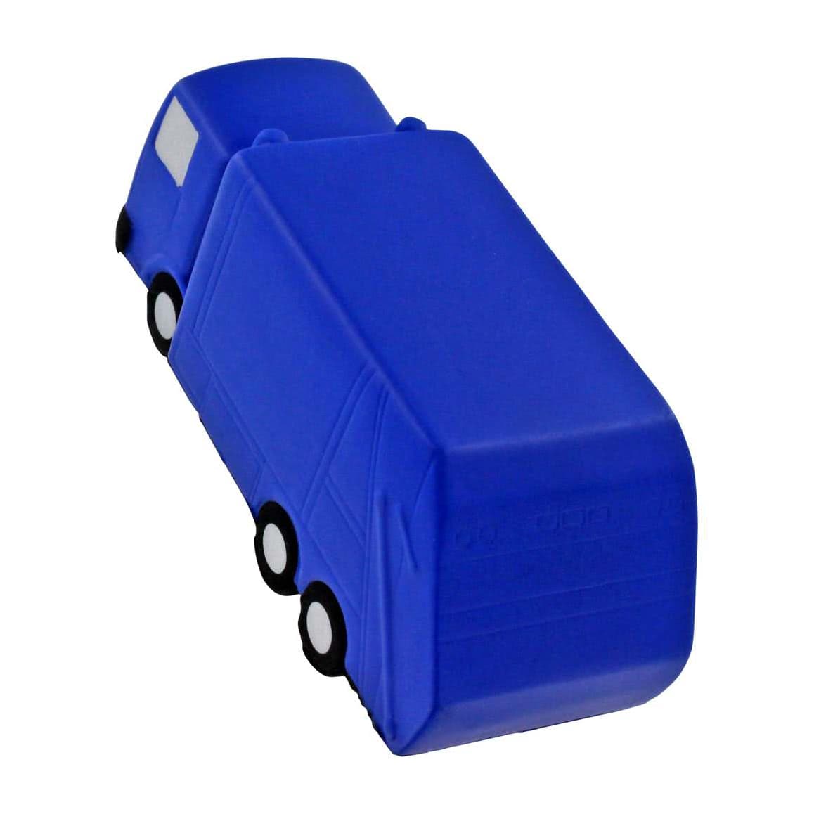 A blue garbage truck-shaped stress reliever with a simple design and black wheels, featuring a logo on the surface.