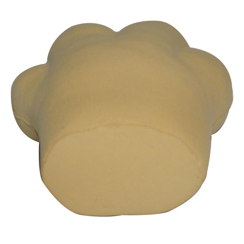 A yellow dog paw-shaped stress reliever with a smooth, rounded surface and a flat base.