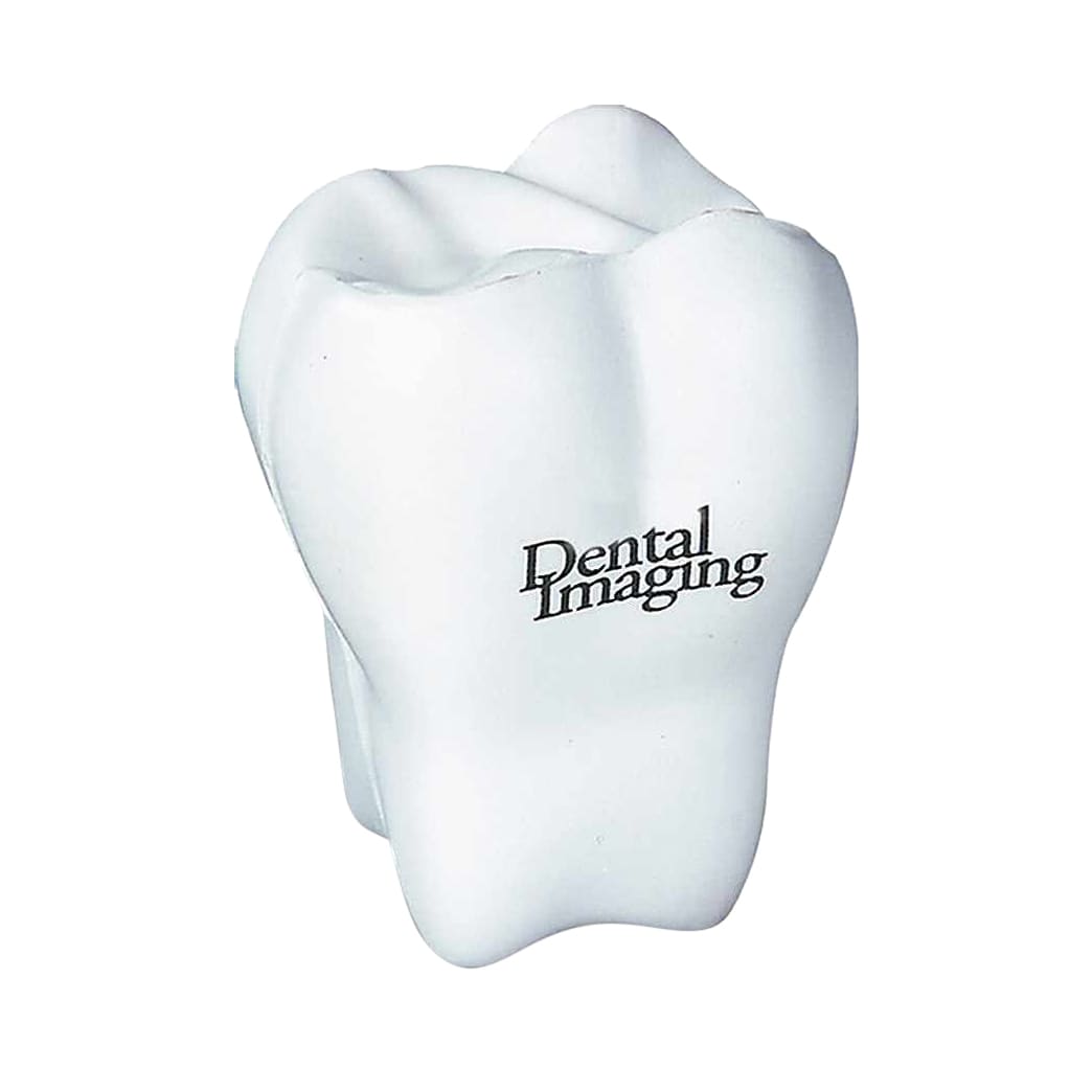 A white tooth-shaped stress reliever with a logo, designed as a fun keyring for stress relief.