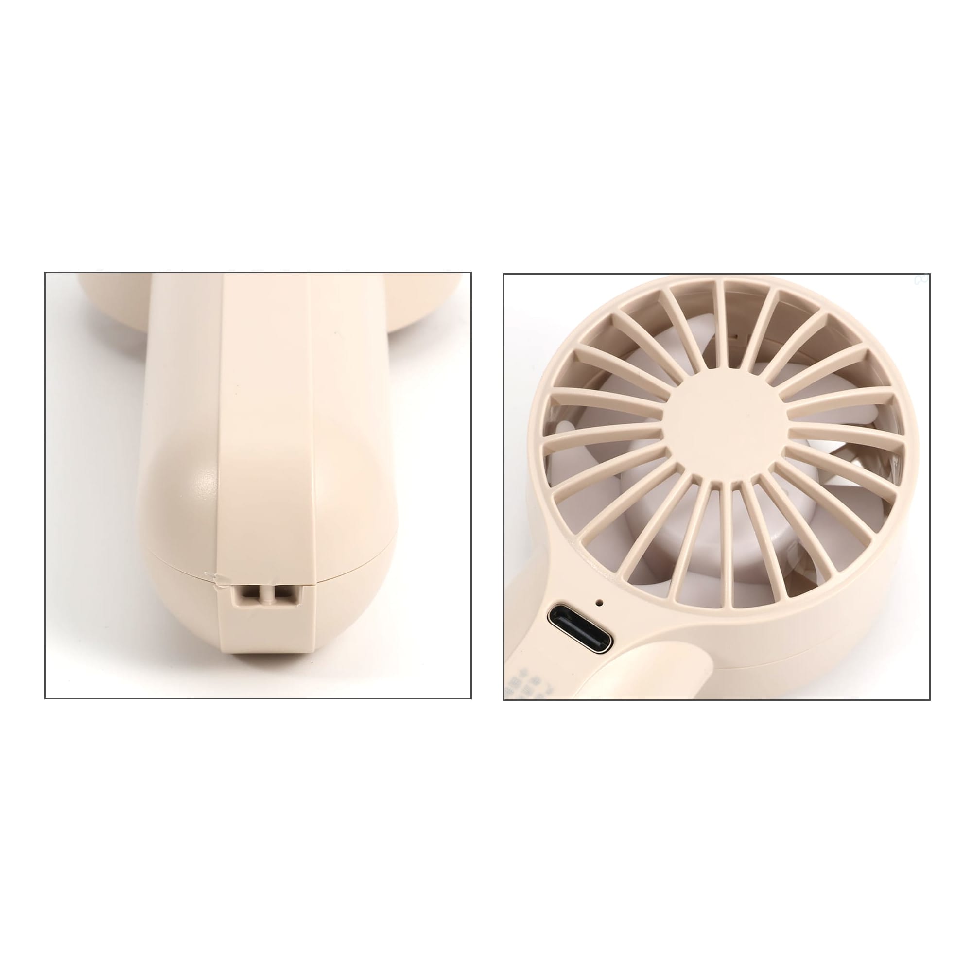A mini handheld fan in beige, featuring a circular fan grille and a charging port. It has a simple design and a compact size.