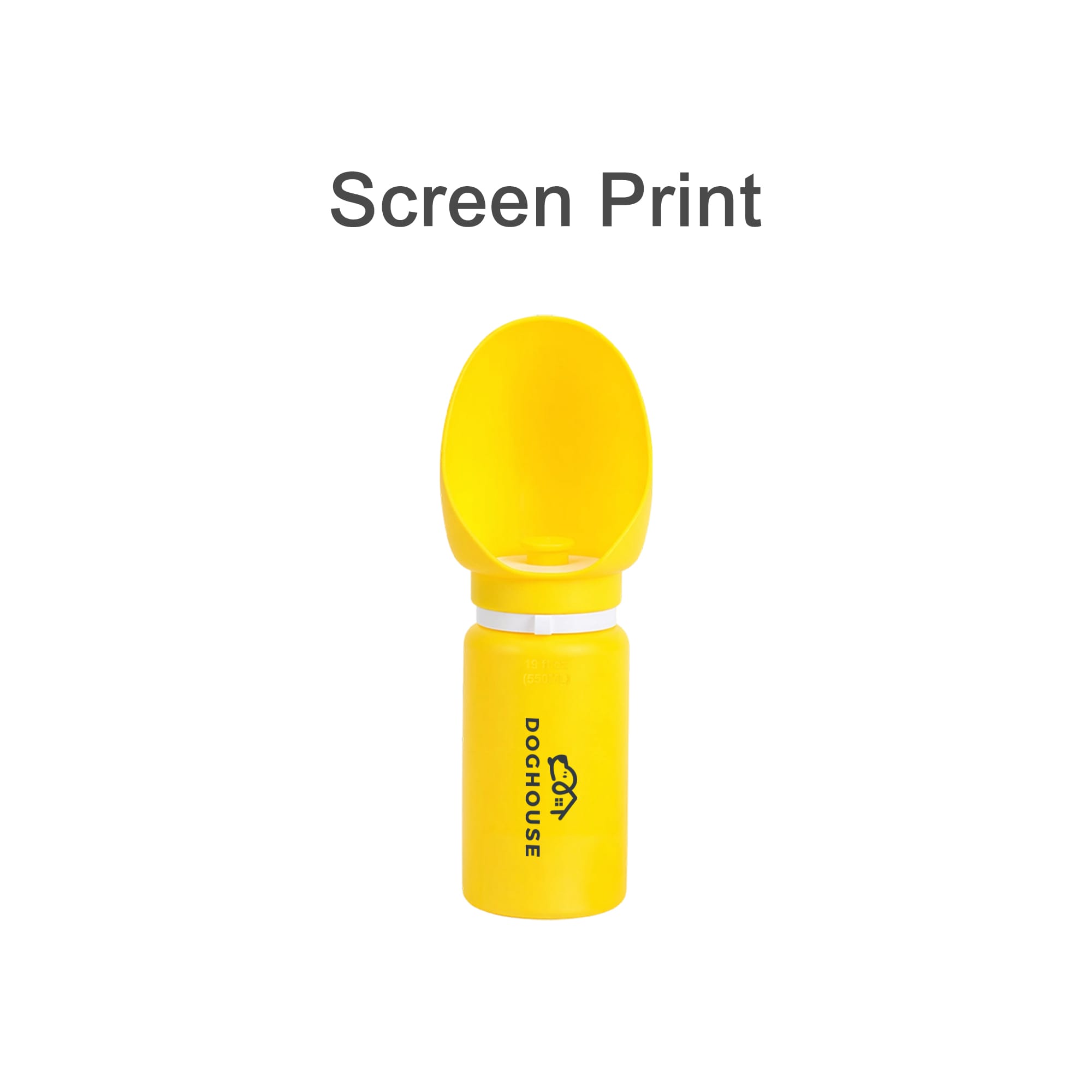 A drink bottle in bright yellow with a collapsible leaf-shaped bowl attachment and a logo.