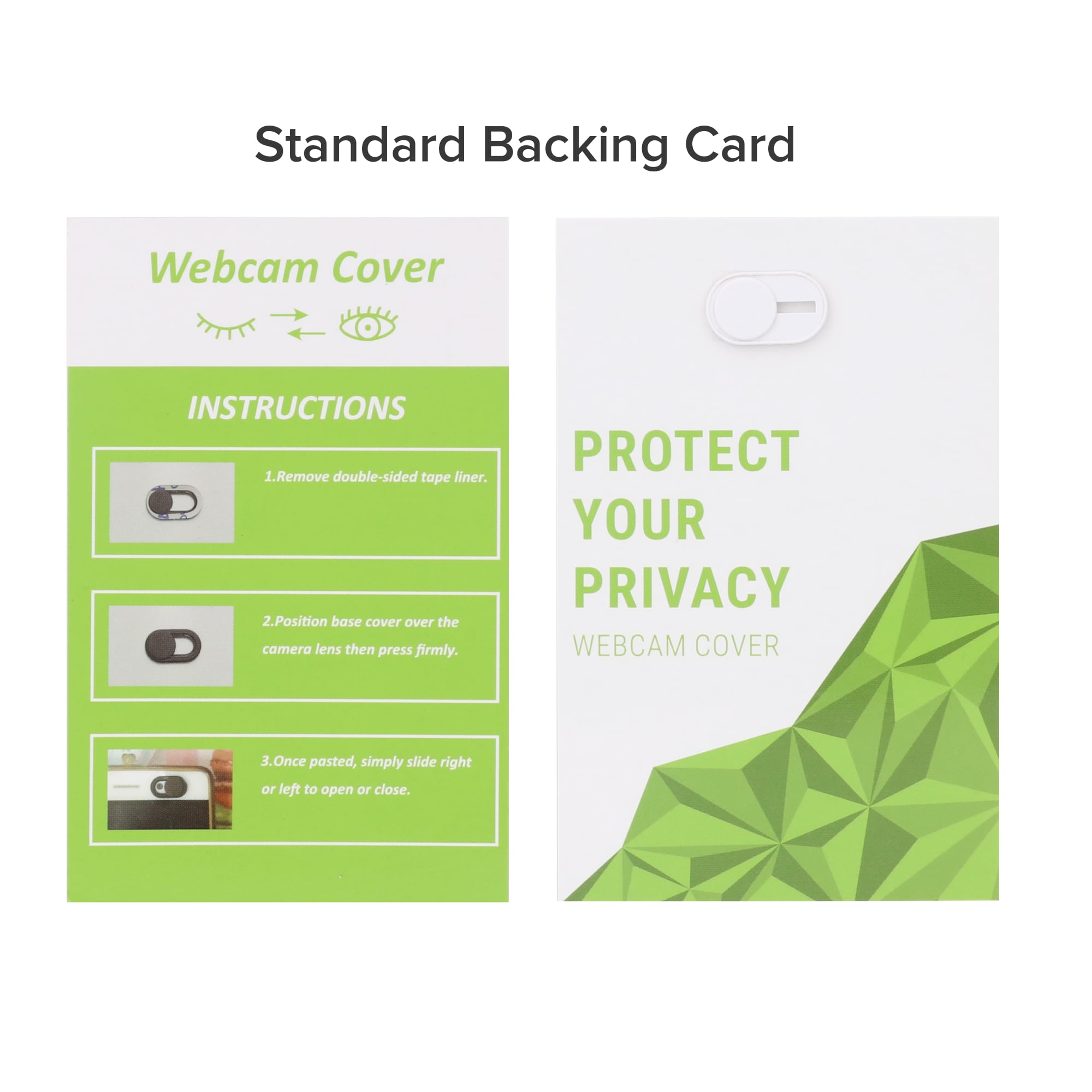 A promotional card featuring a mini webcam cover, with green and white design elements and instructions for use.
