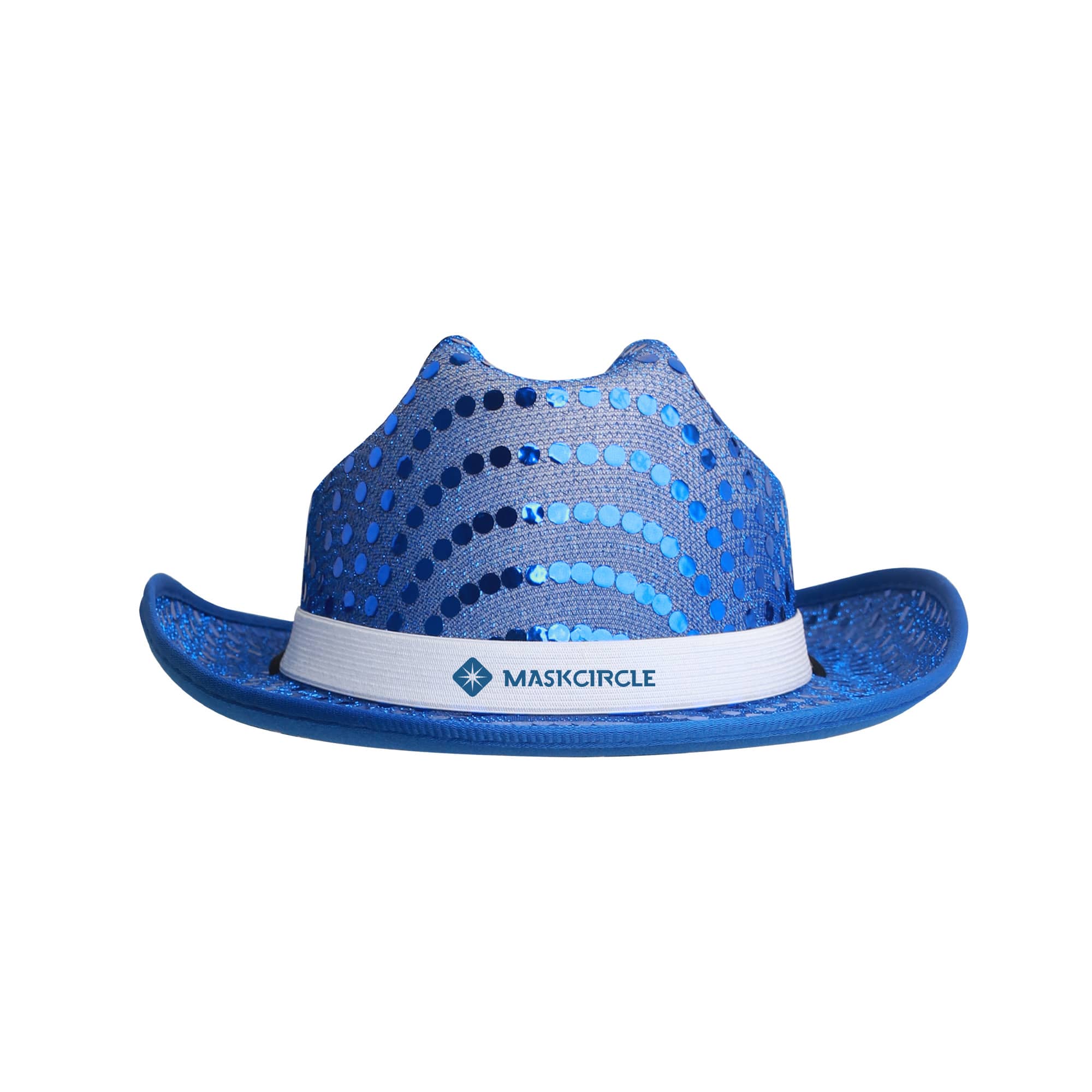 A blue sequined cowboy hat featuring a wide brim and a branded band.