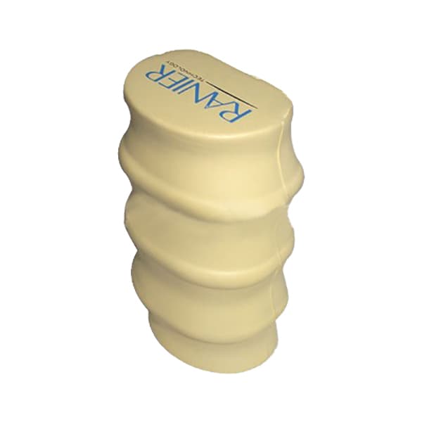 A cream-coloured spine-shaped stress reliever with a logo on the top, designed for stress relief.