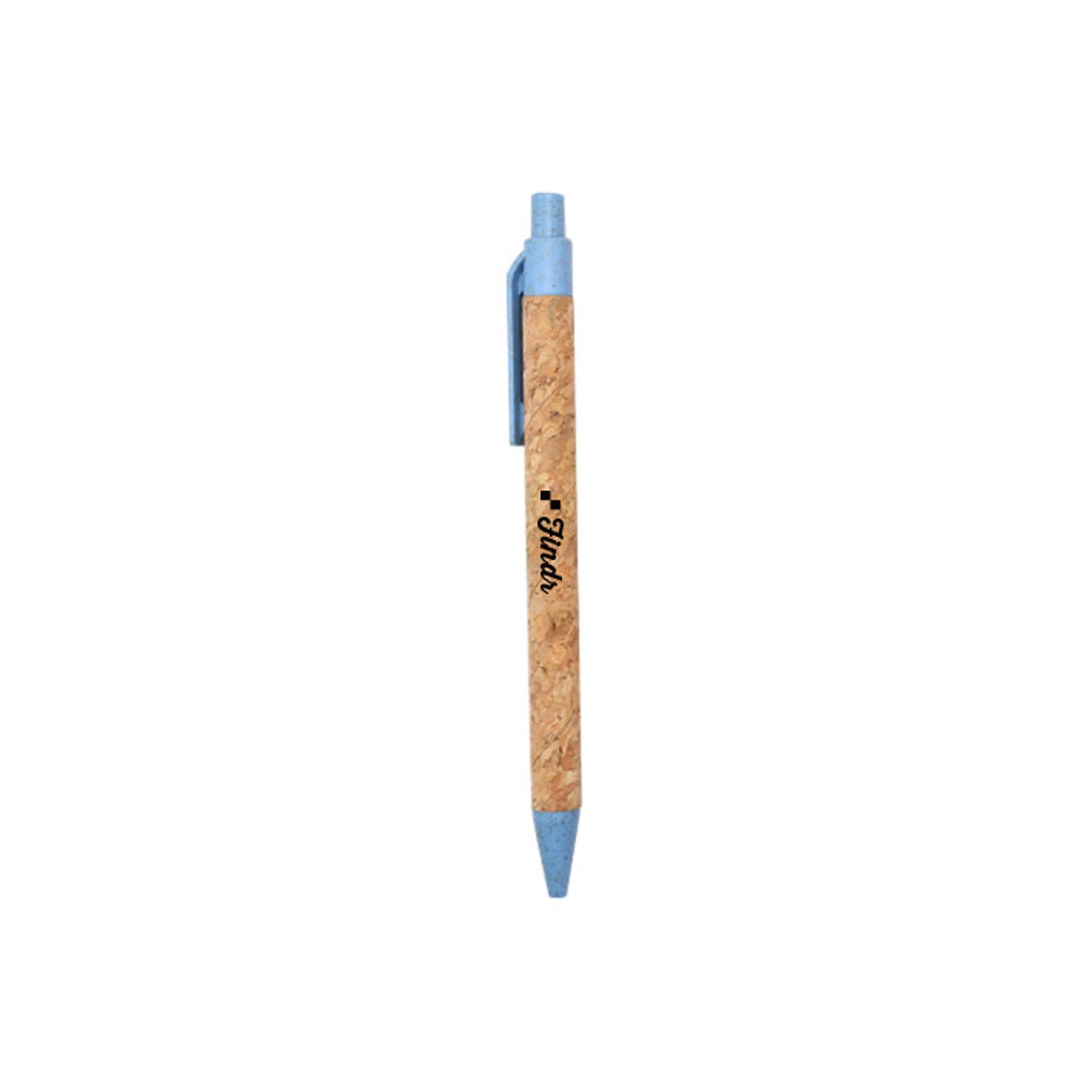 An eco-friendly pen featuring a cork body and a light blue plastic tip and clip. It includes branding on the surface.
