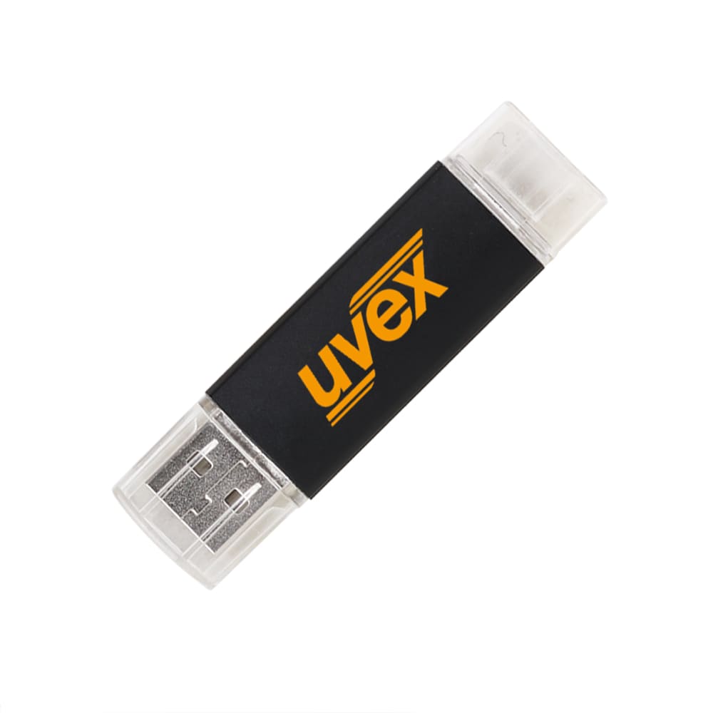 A double-end USB flash drive in black with transparent ends and a logo.