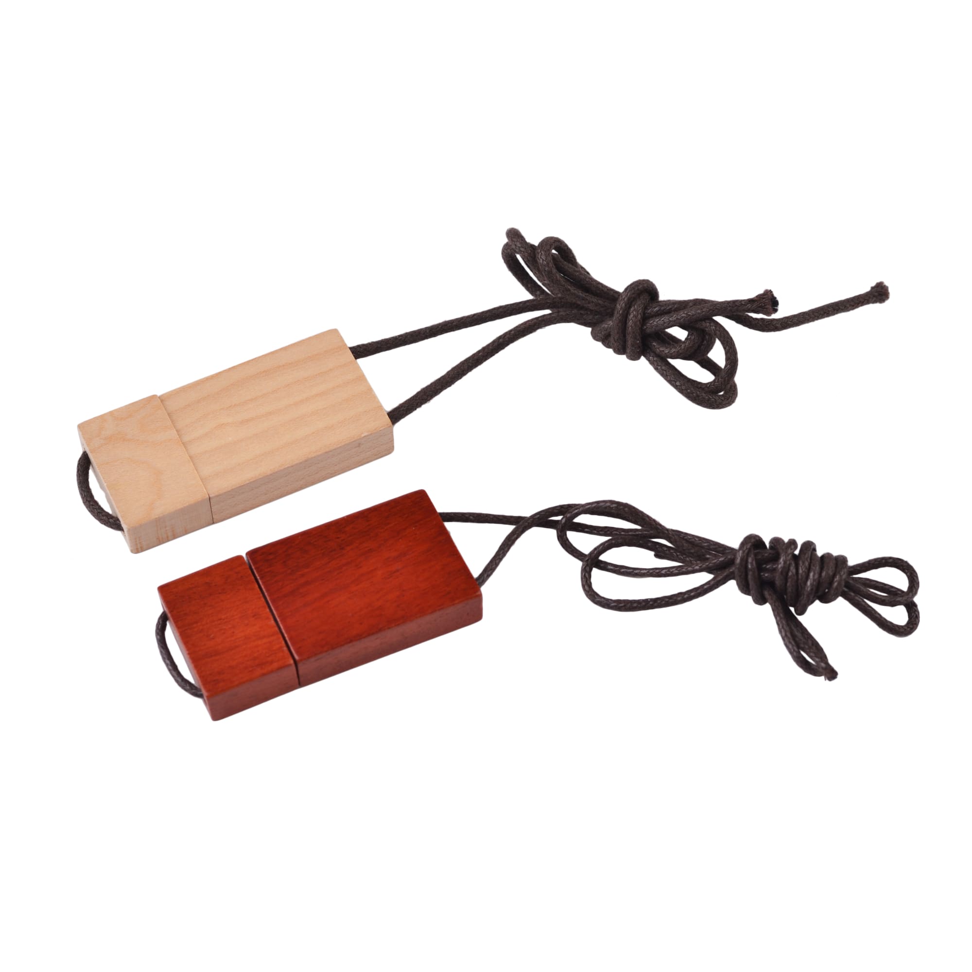 A wooden string flash drive in natural and dark wood finishes, connected by a cord for easy carrying.