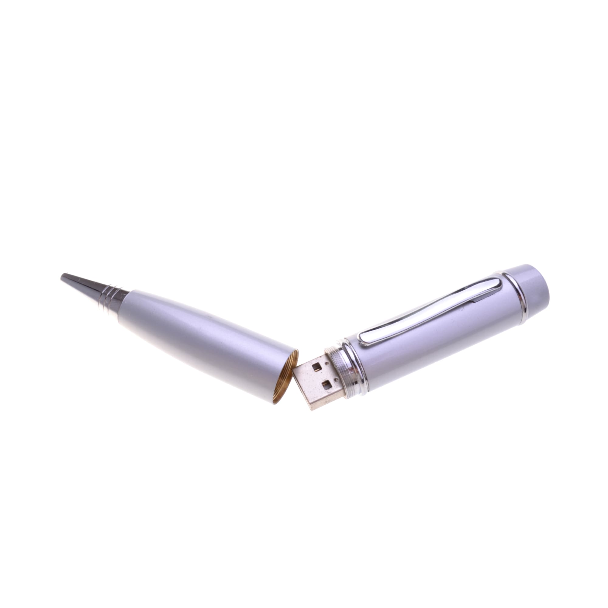 A silver pen that transforms into a USB flash drive, featuring a clip and a removable cap.