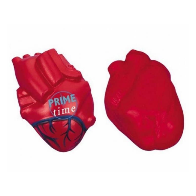 A red heart-shaped stress reliever with a logo, featuring detailed anatomical design and a smooth finish.