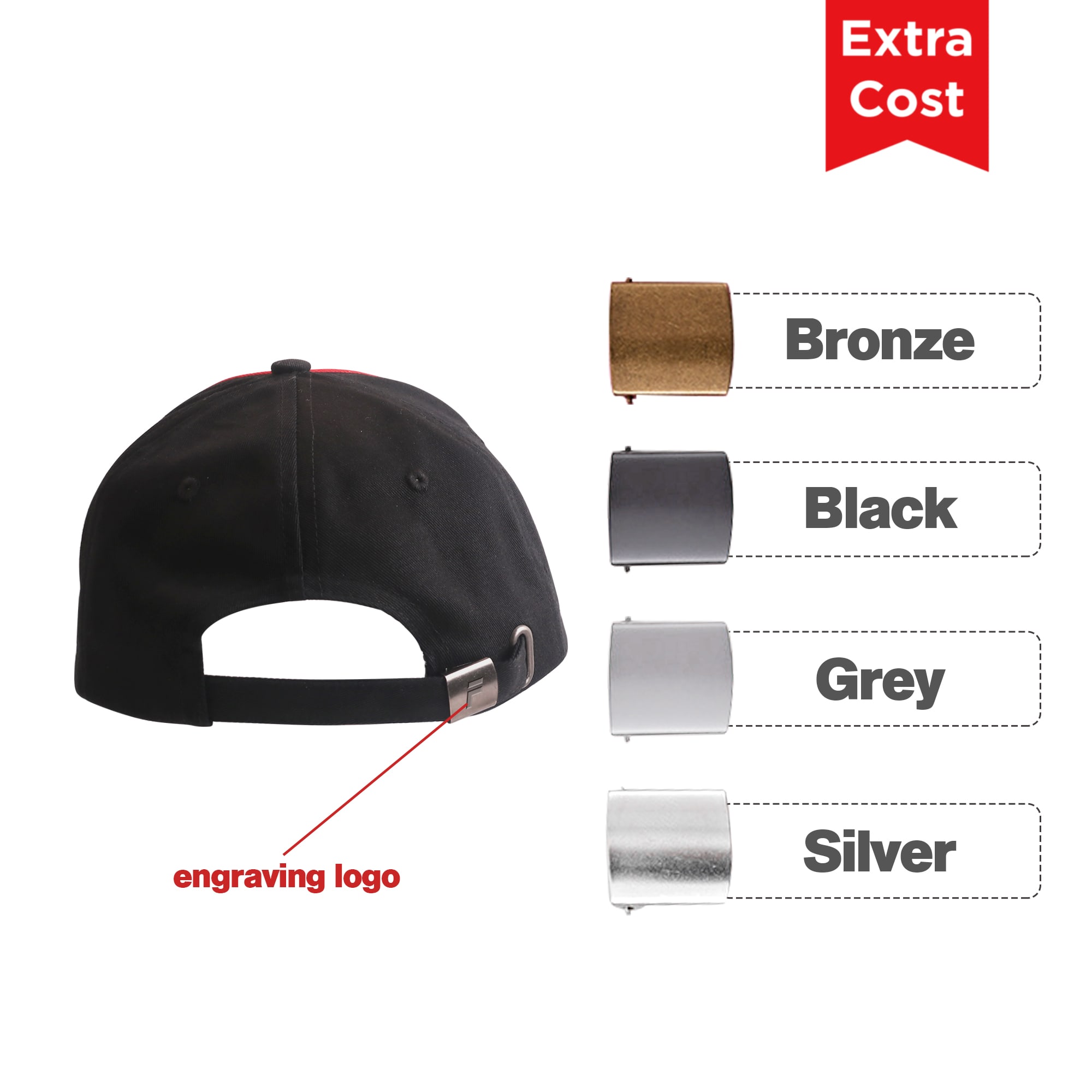 A black cap with a contrast trim and an adjustable strap at the back, featuring options for custom logo engraving.