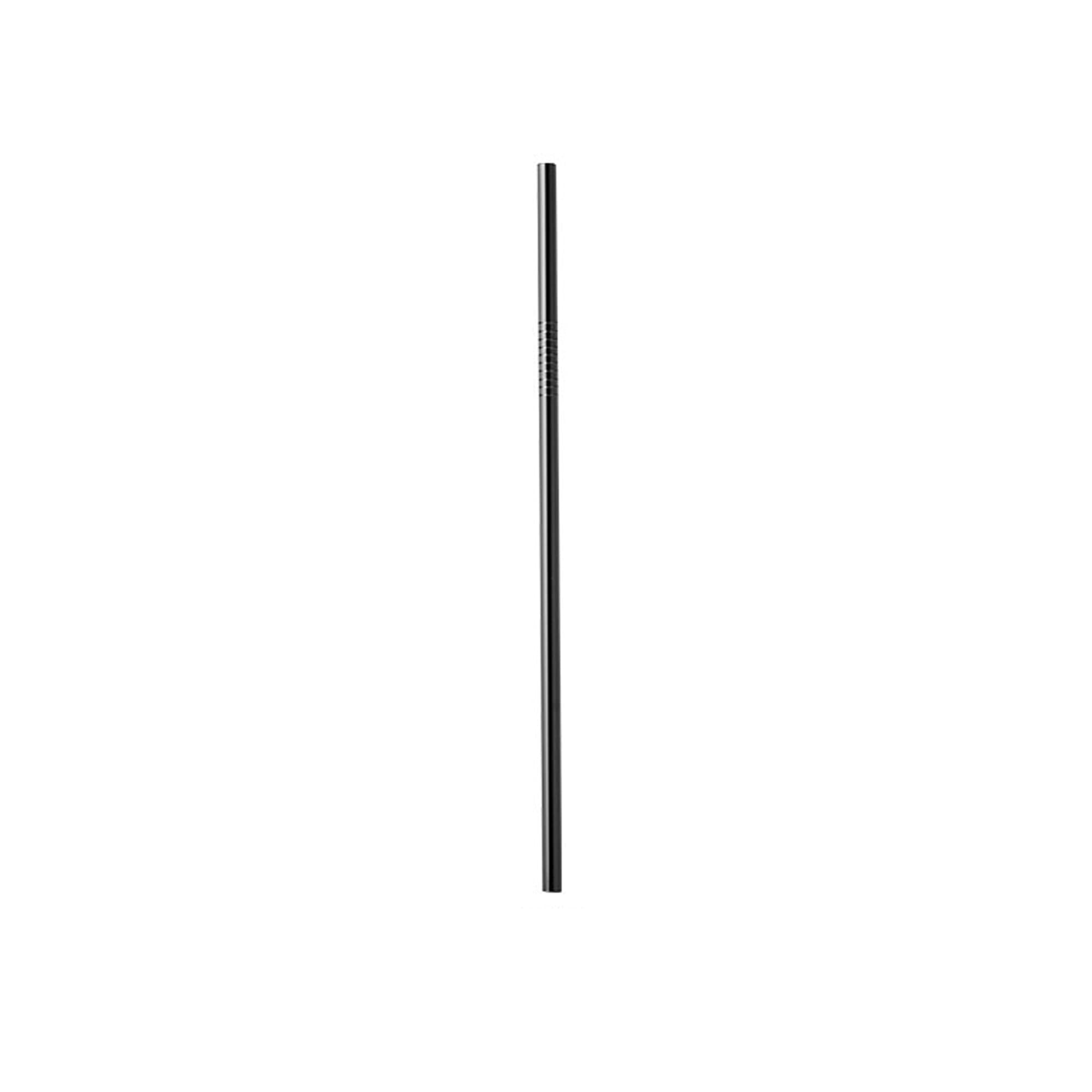 A stainless steel straw in a sleek silver finish, featuring a subtle design detail, with a logo.
