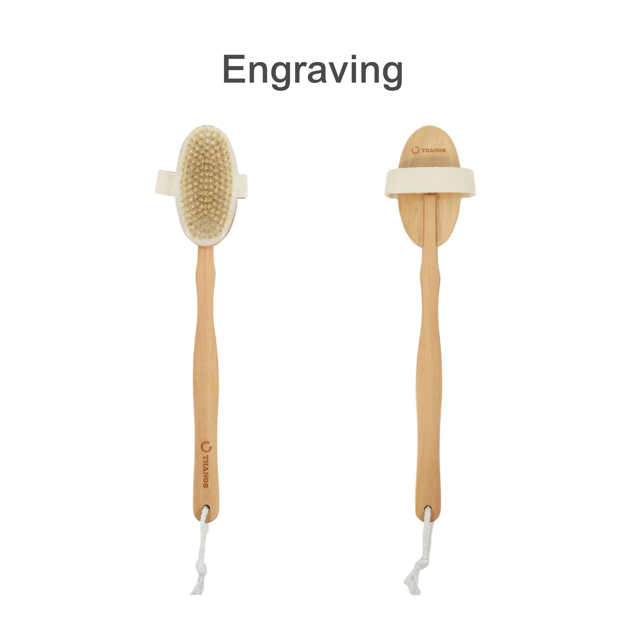 A detachable shower brush with a long wooden handle and natural bristles, featuring a strap for grip.
