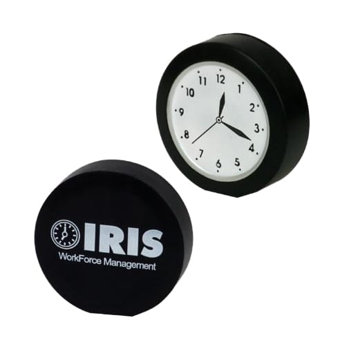 A black clock-shaped stress reliever with a white clock face and a logo on one side.