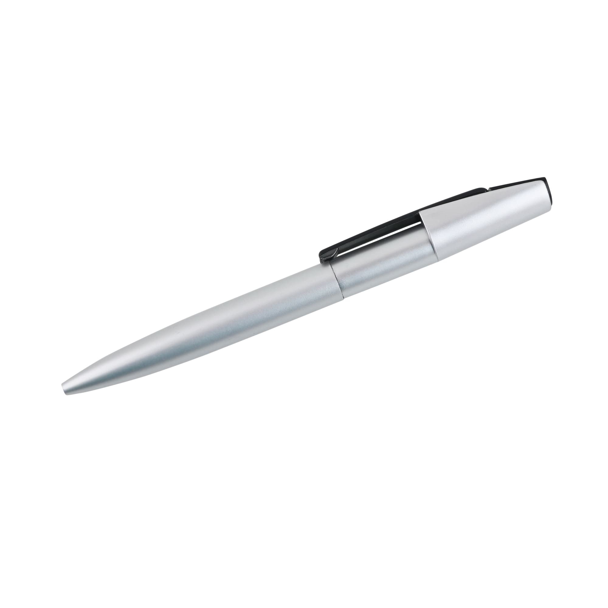 A silver USB memory pen with a sleek design and a black clip, featuring a logo on its surface.